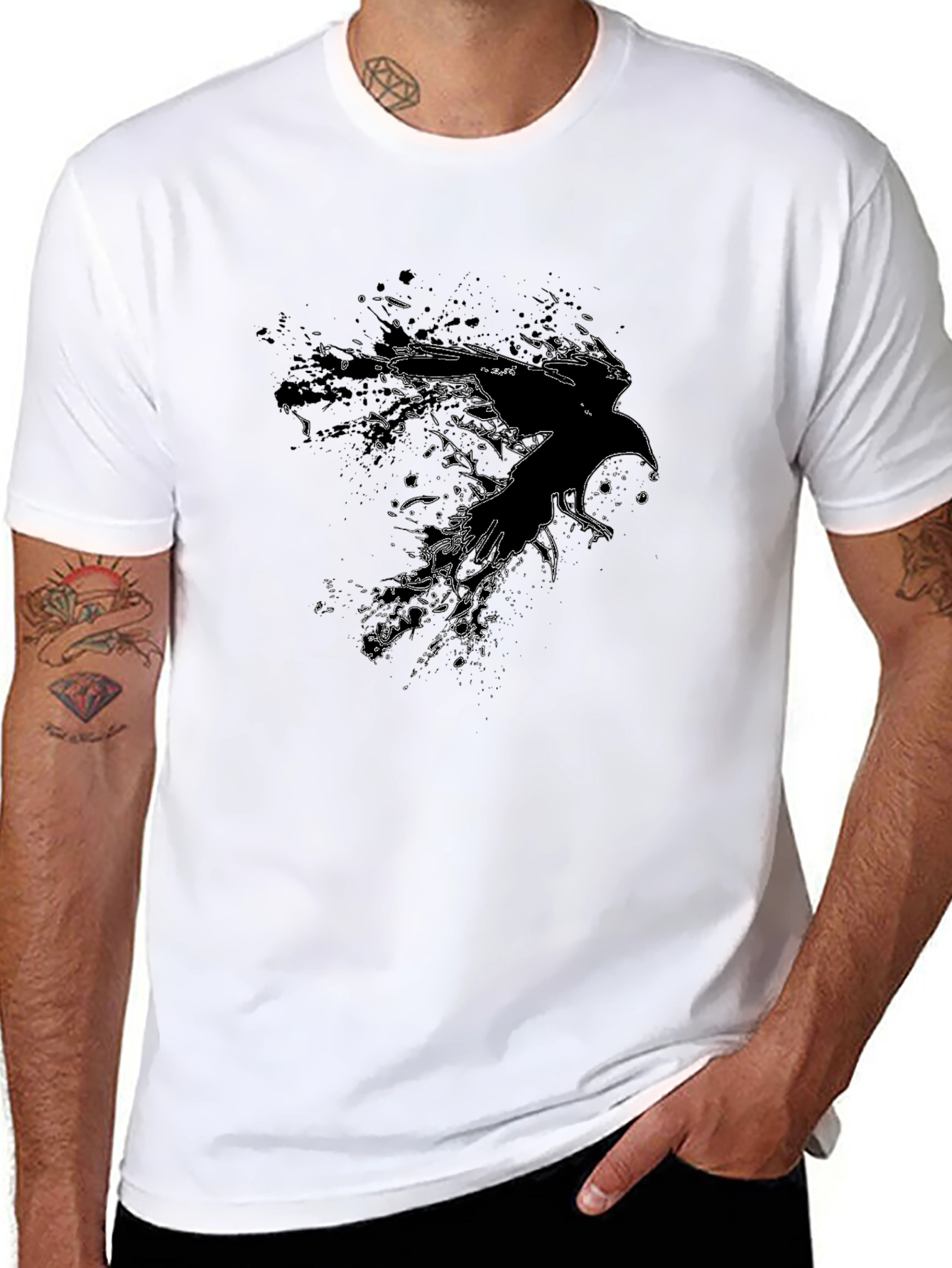 Abstract Raven Graphic Tee - Black Cotton Blend
