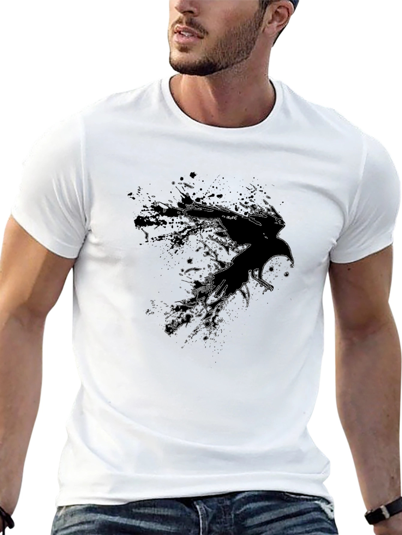 Abstract Raven Graphic Tee - Black Cotton Blend