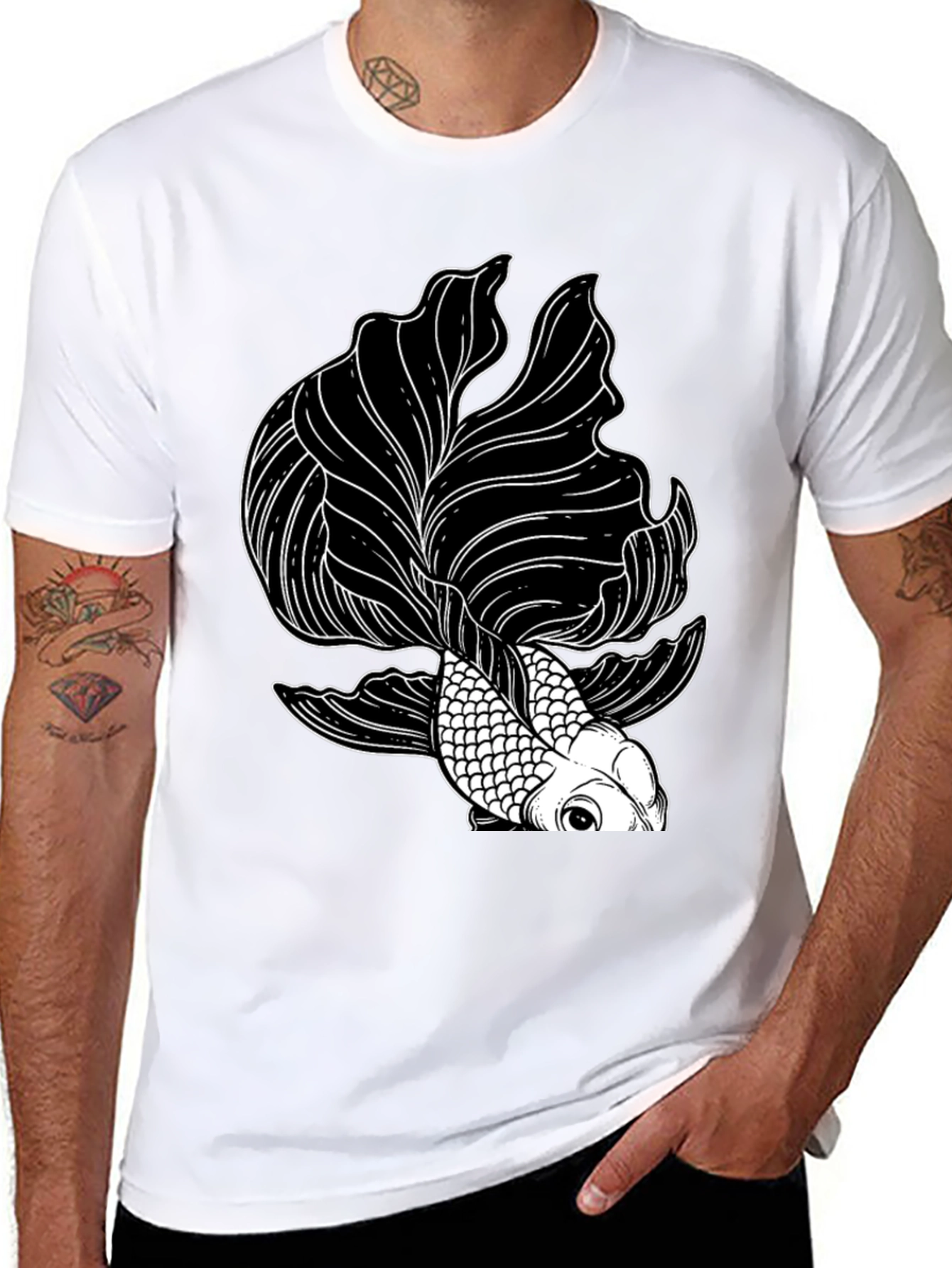 Black T-Shirt with Koi Fish Graphic