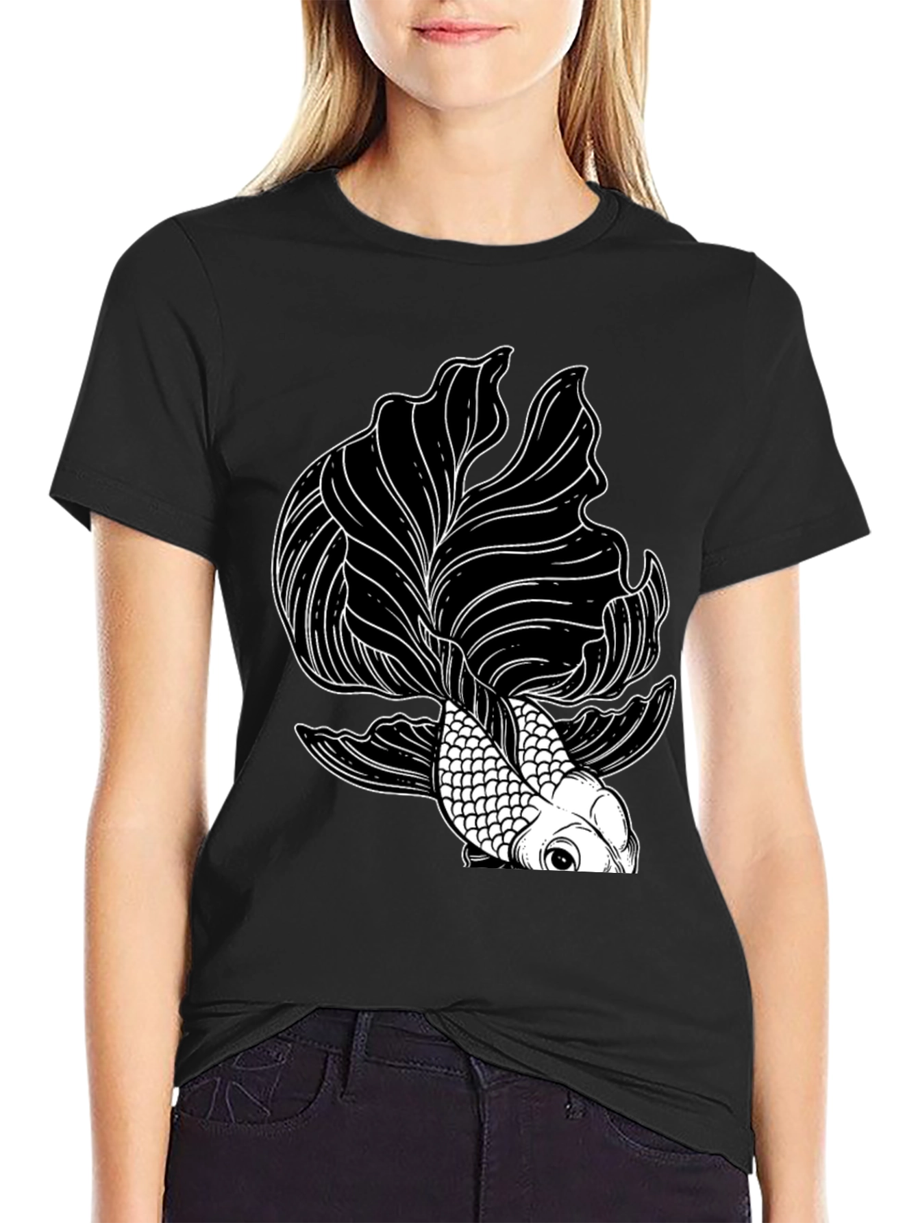 Black T-Shirt with Koi Fish Graphic