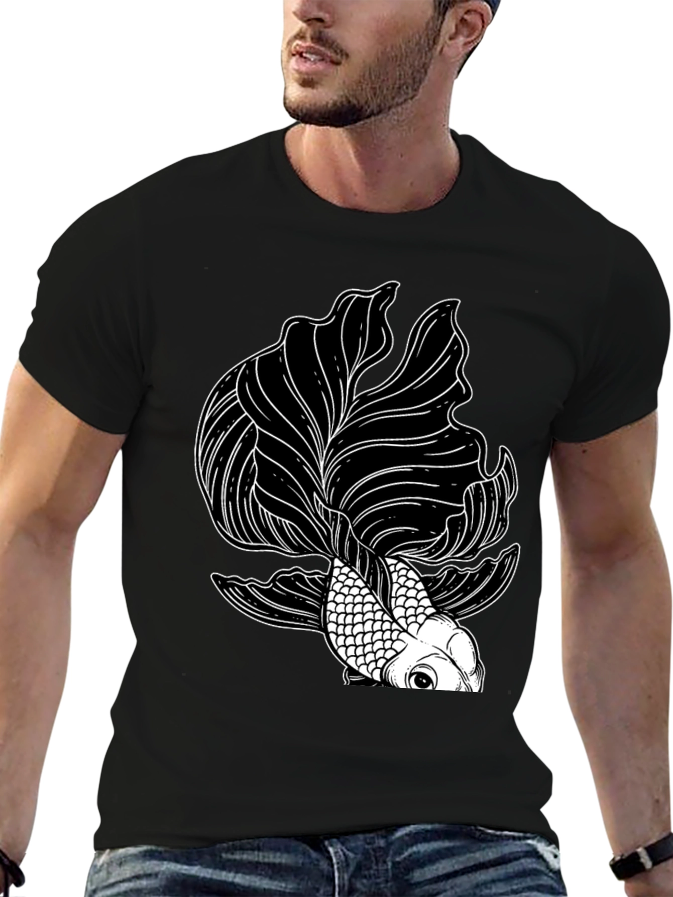 Black T-Shirt with Koi Fish Graphic