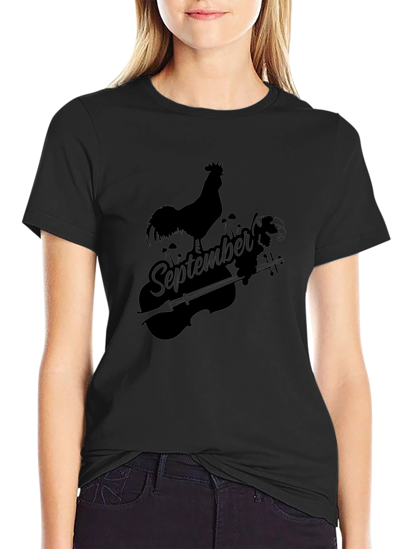September Rooster & Violin Graphic Black T-Shirt