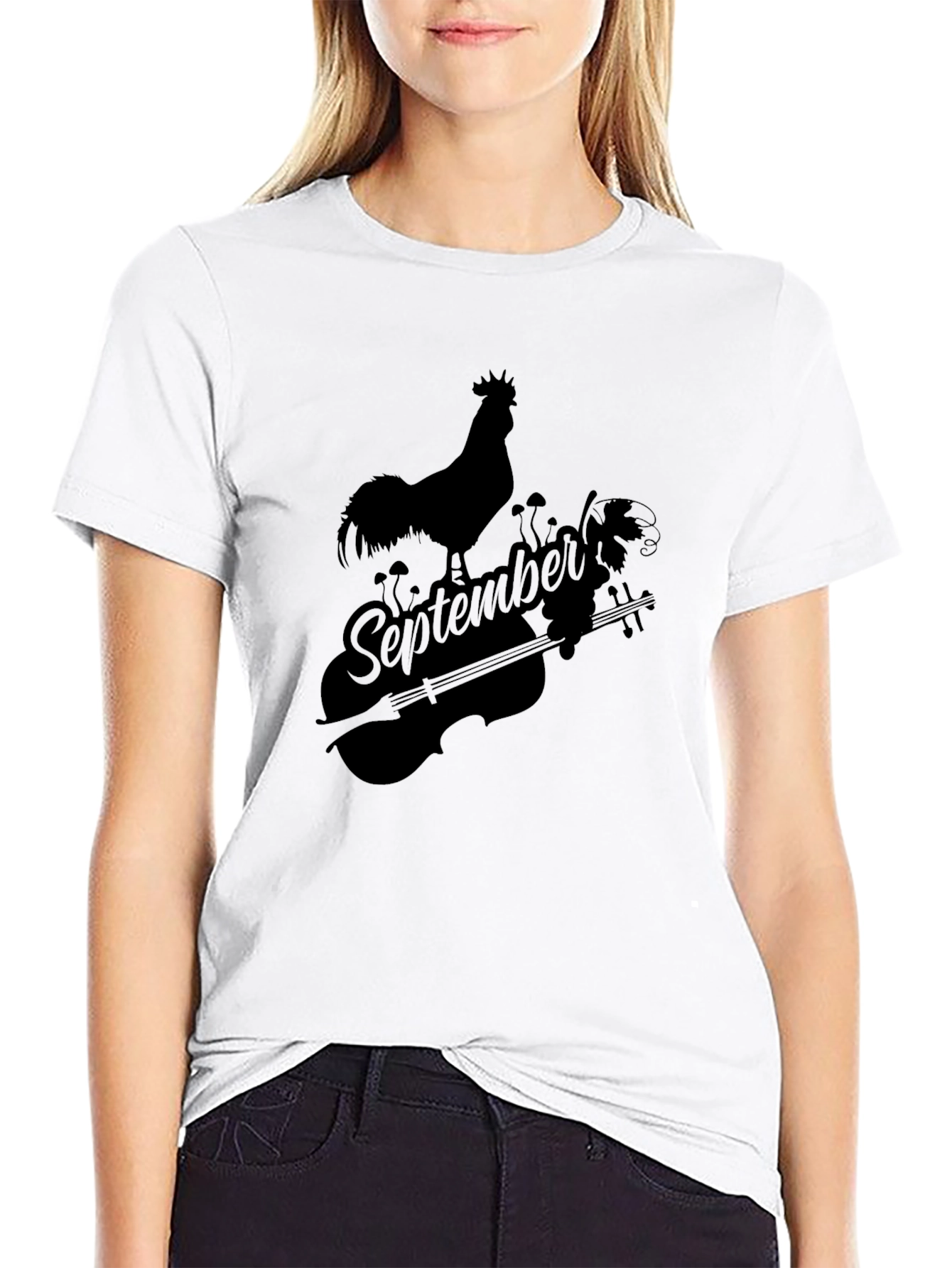 September Rooster & Violin Graphic Black T-Shirt