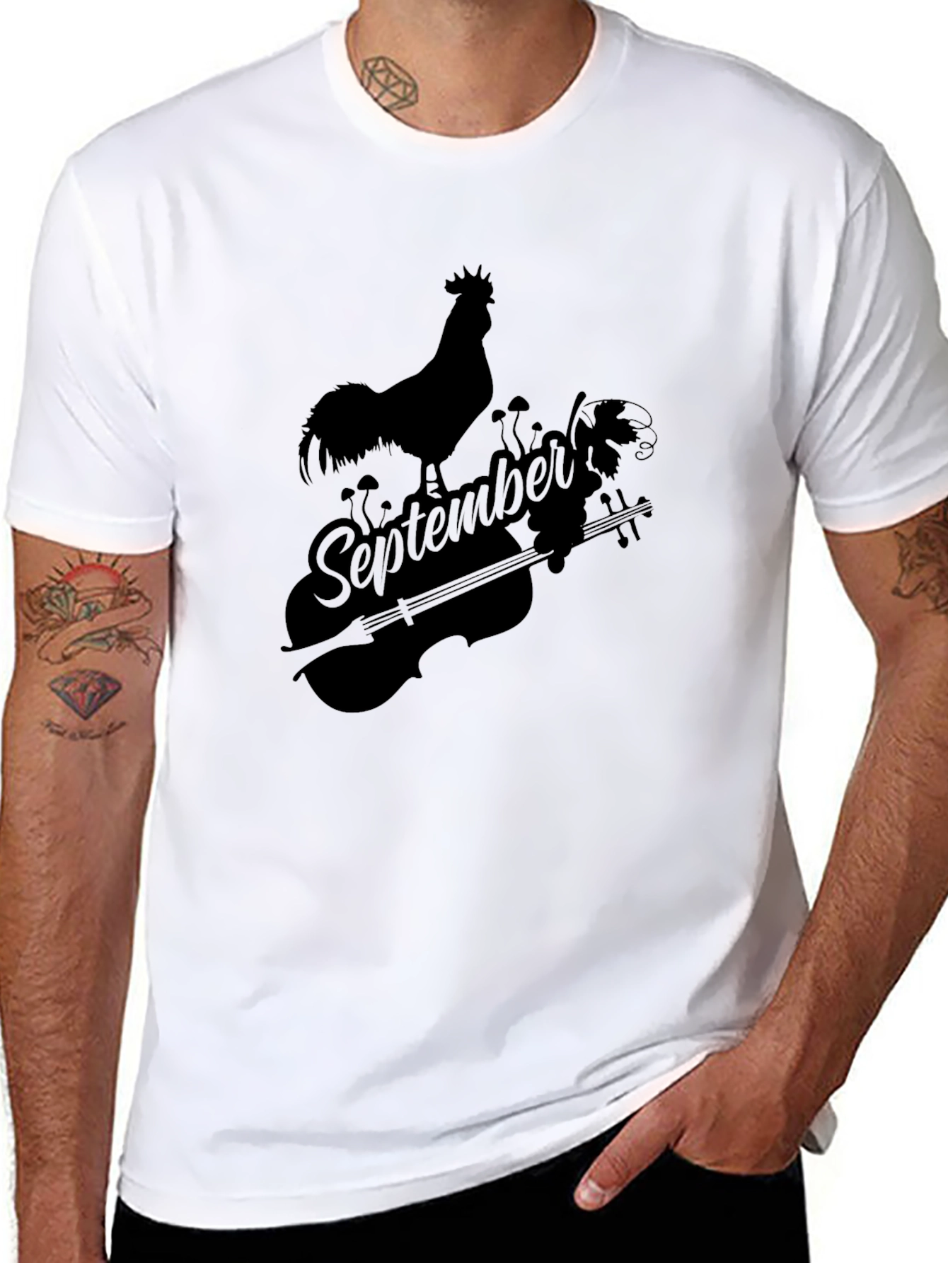 September Rooster & Violin Graphic Black T-Shirt