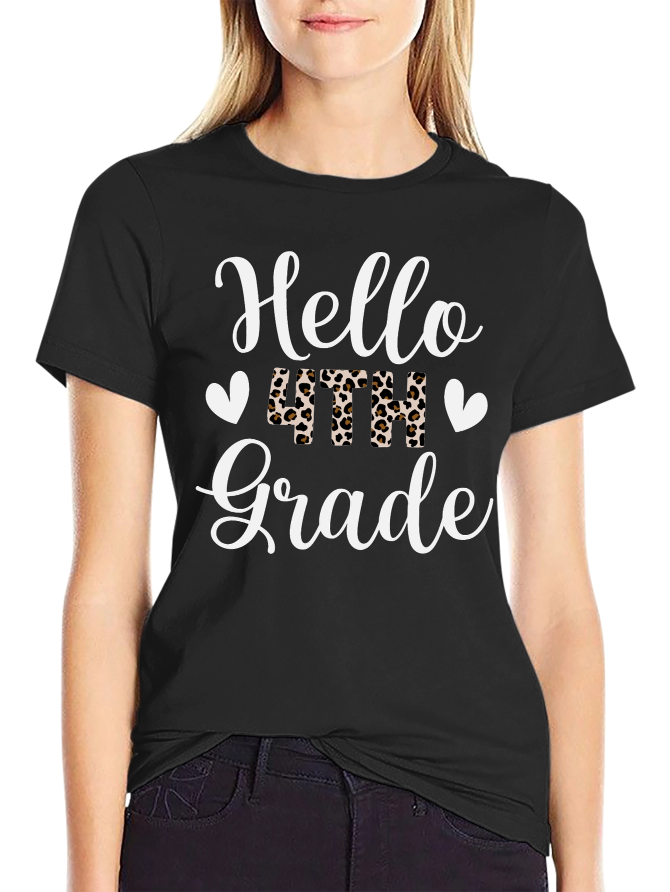Hello 4th Grade Leopard Print Teacher Shirt