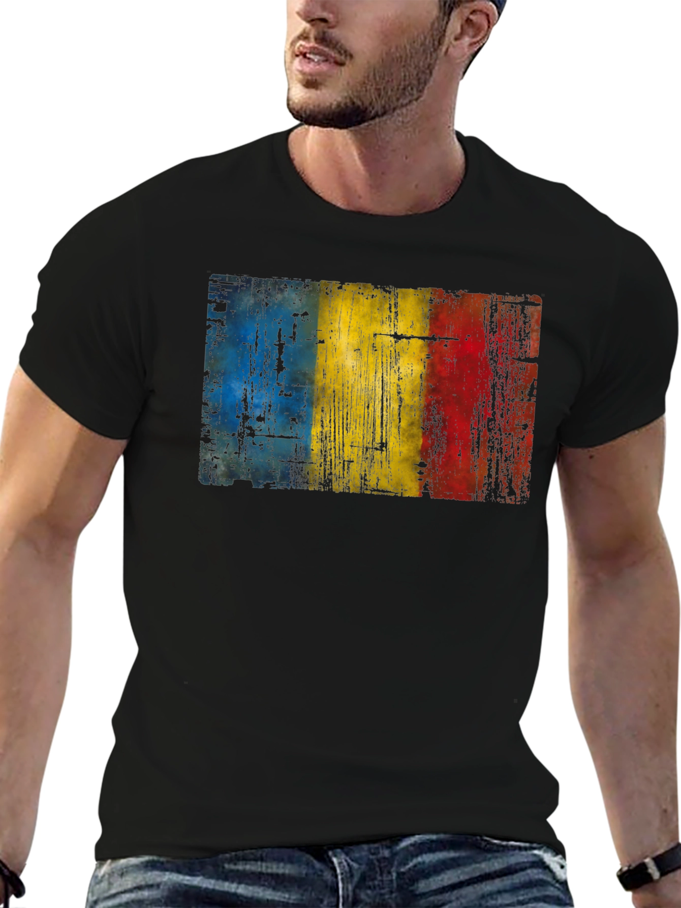 Romania Flag Distressed Black T-Shirt
