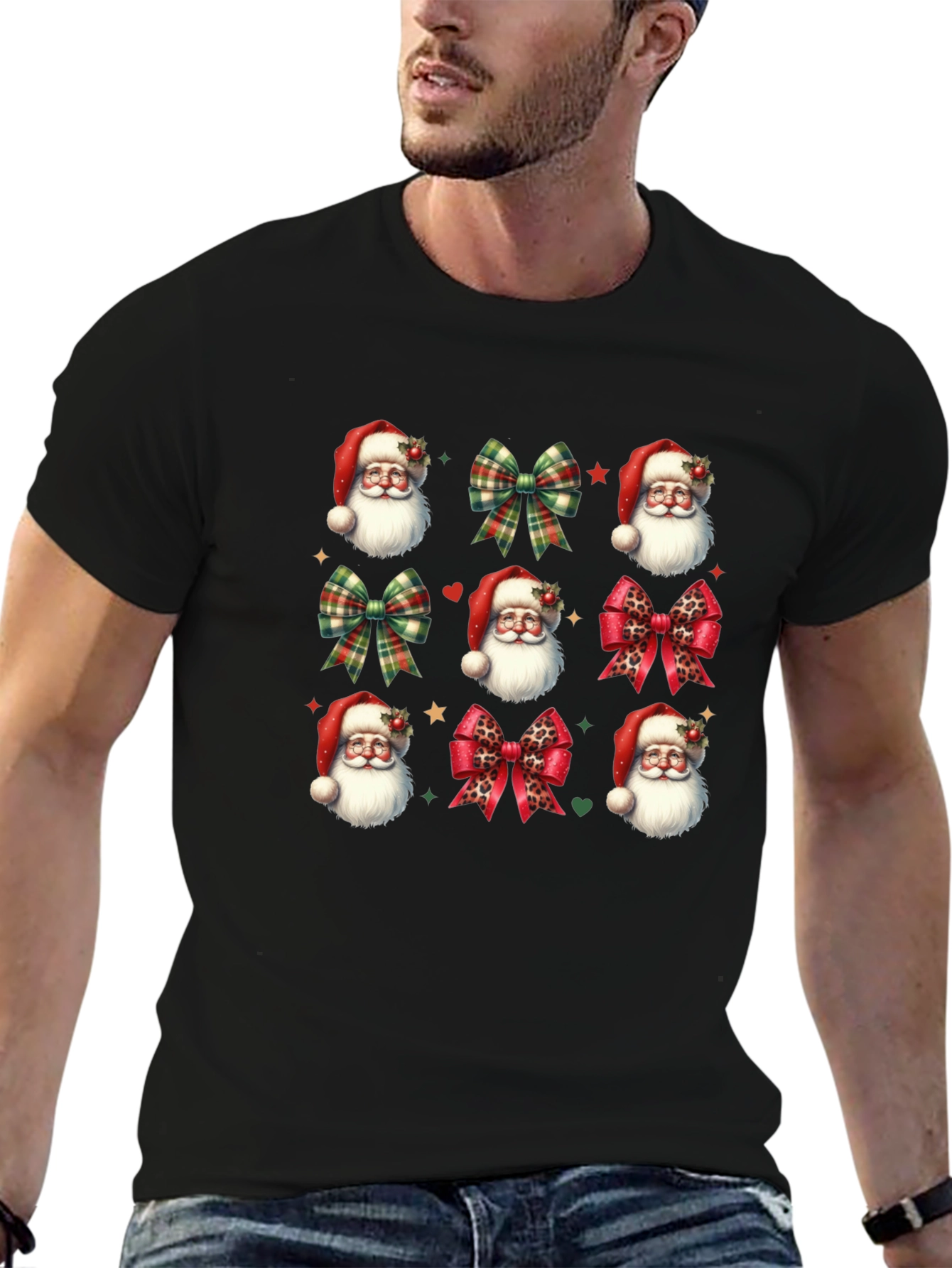 Festive Santa & Bow T-Shirt - Holiday Cheer