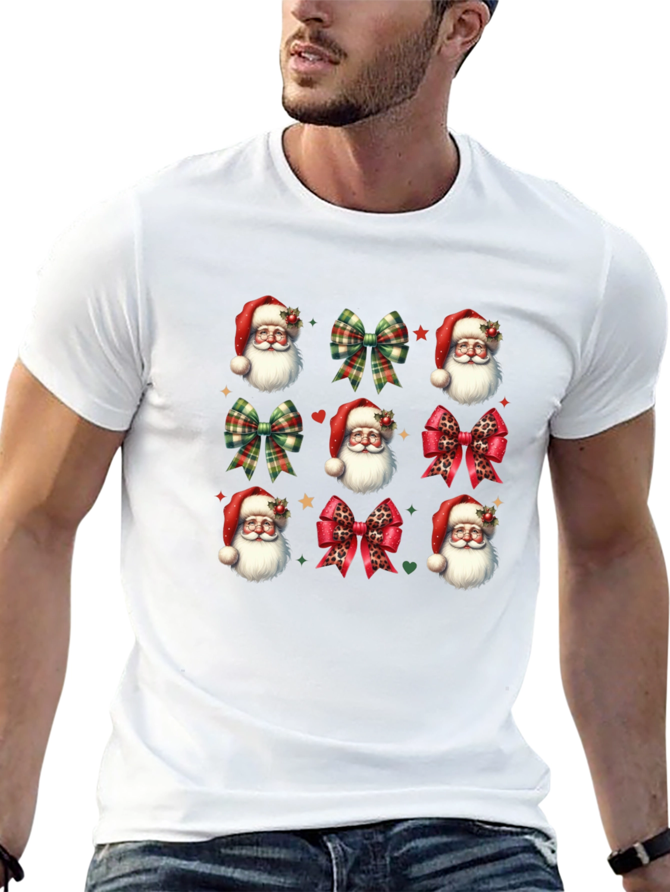 Festive Santa & Bow T-Shirt - Holiday Cheer
