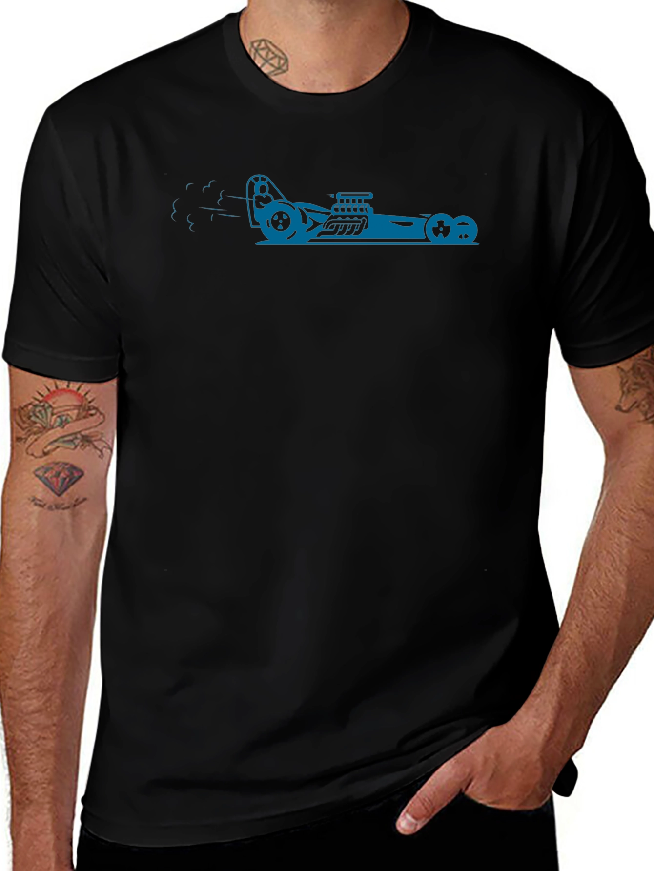 Black Tee with Blue Hot Rod Graphic