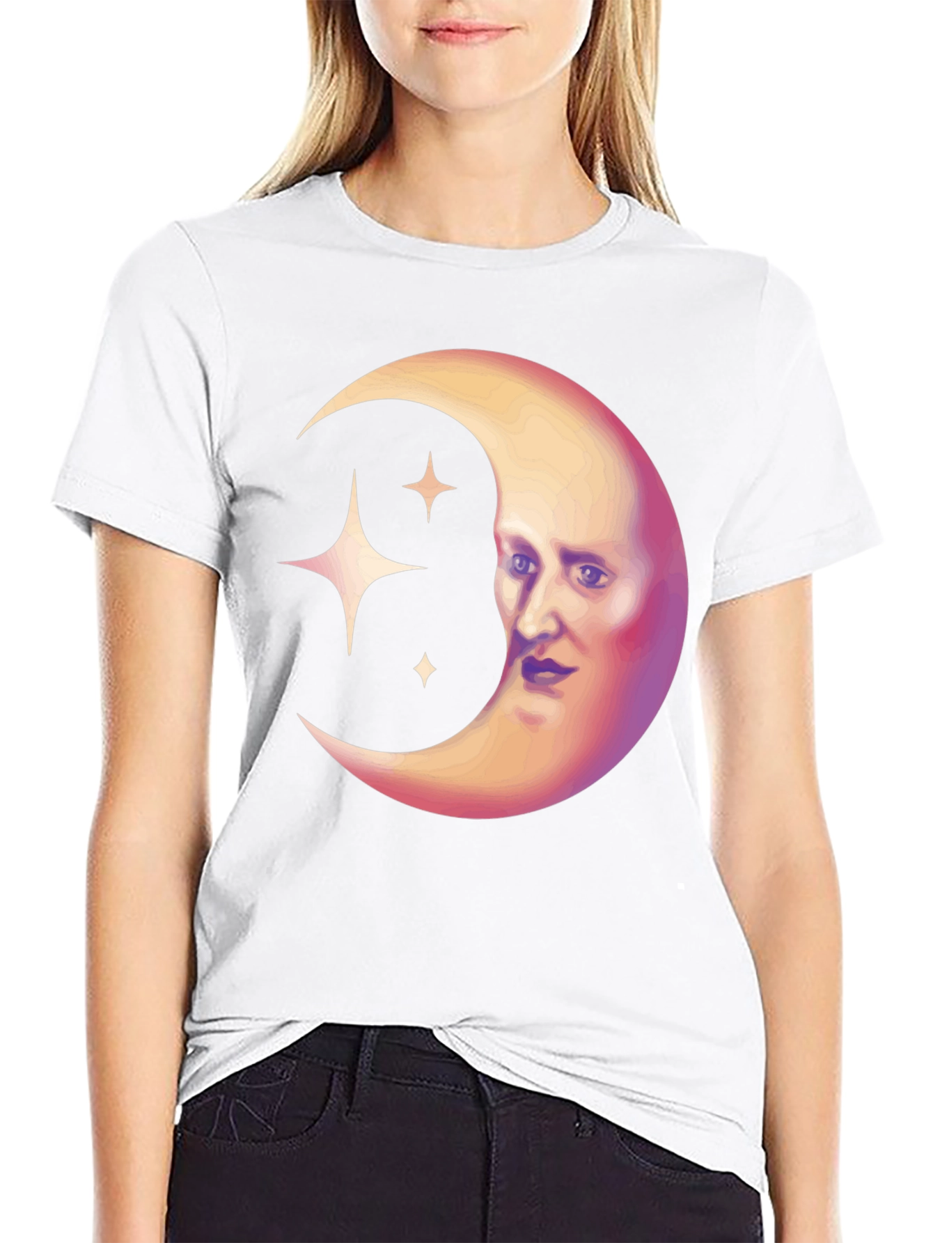 Celestial Moon Face Graphic Tee - Unique Design