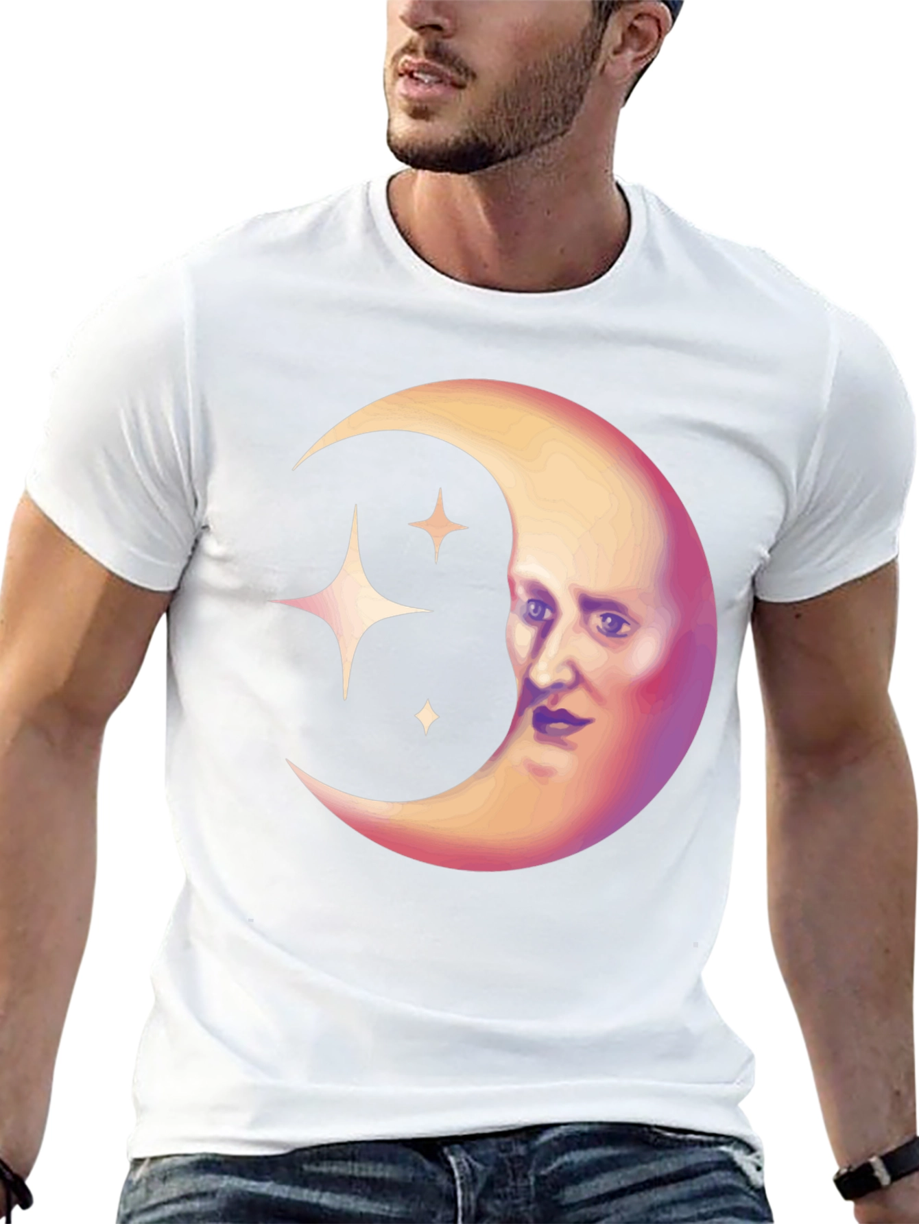 Celestial Moon Face Graphic Tee - Unique Design