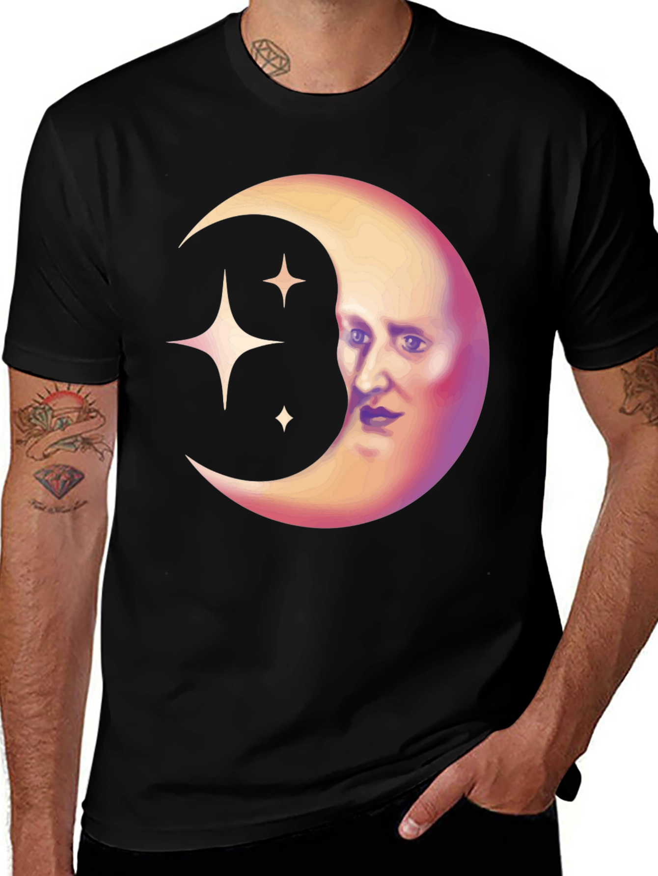 Celestial Moon Face Graphic Tee - Unique Design
