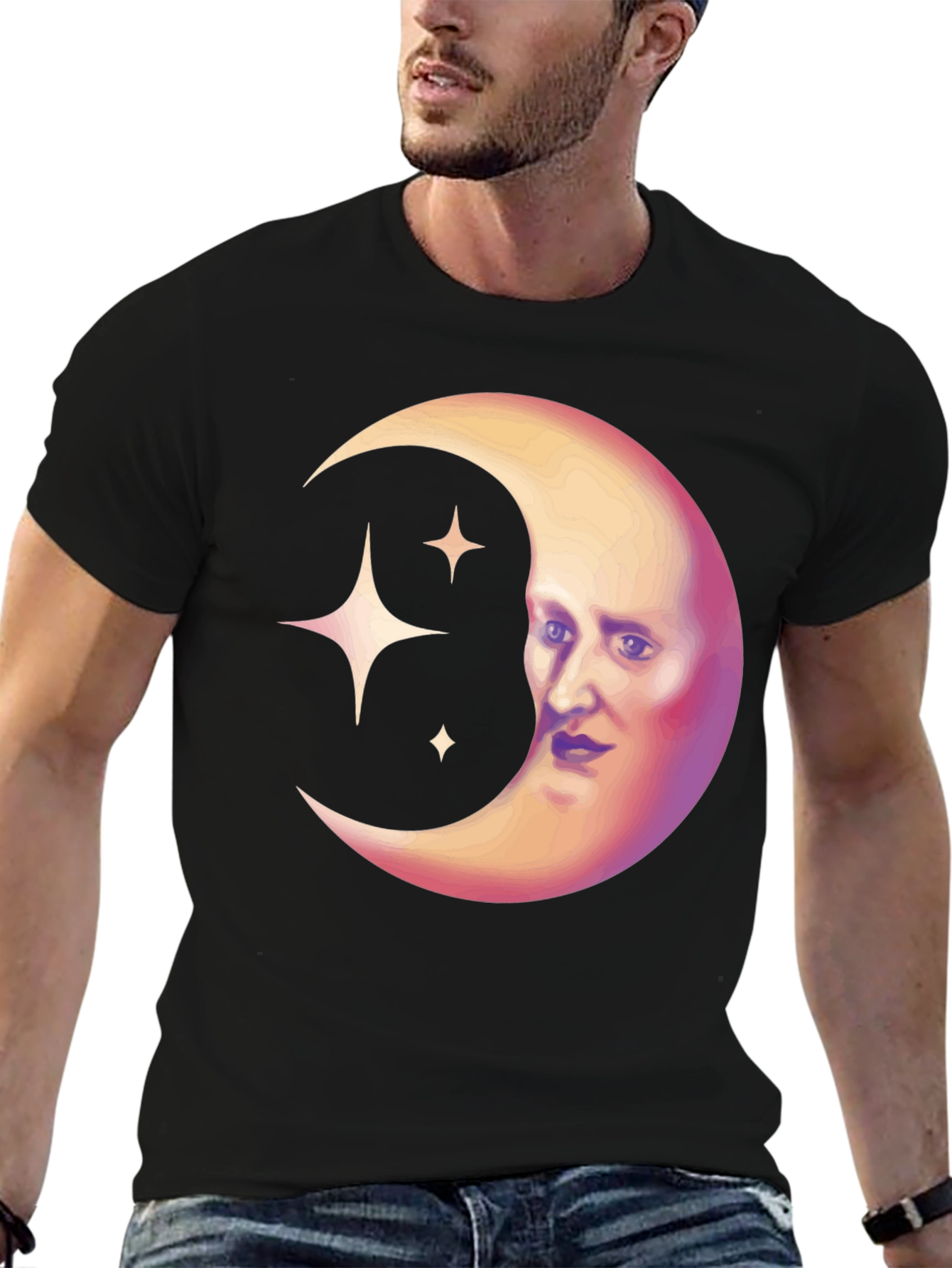 Celestial Moon Face Graphic Tee - Unique Design