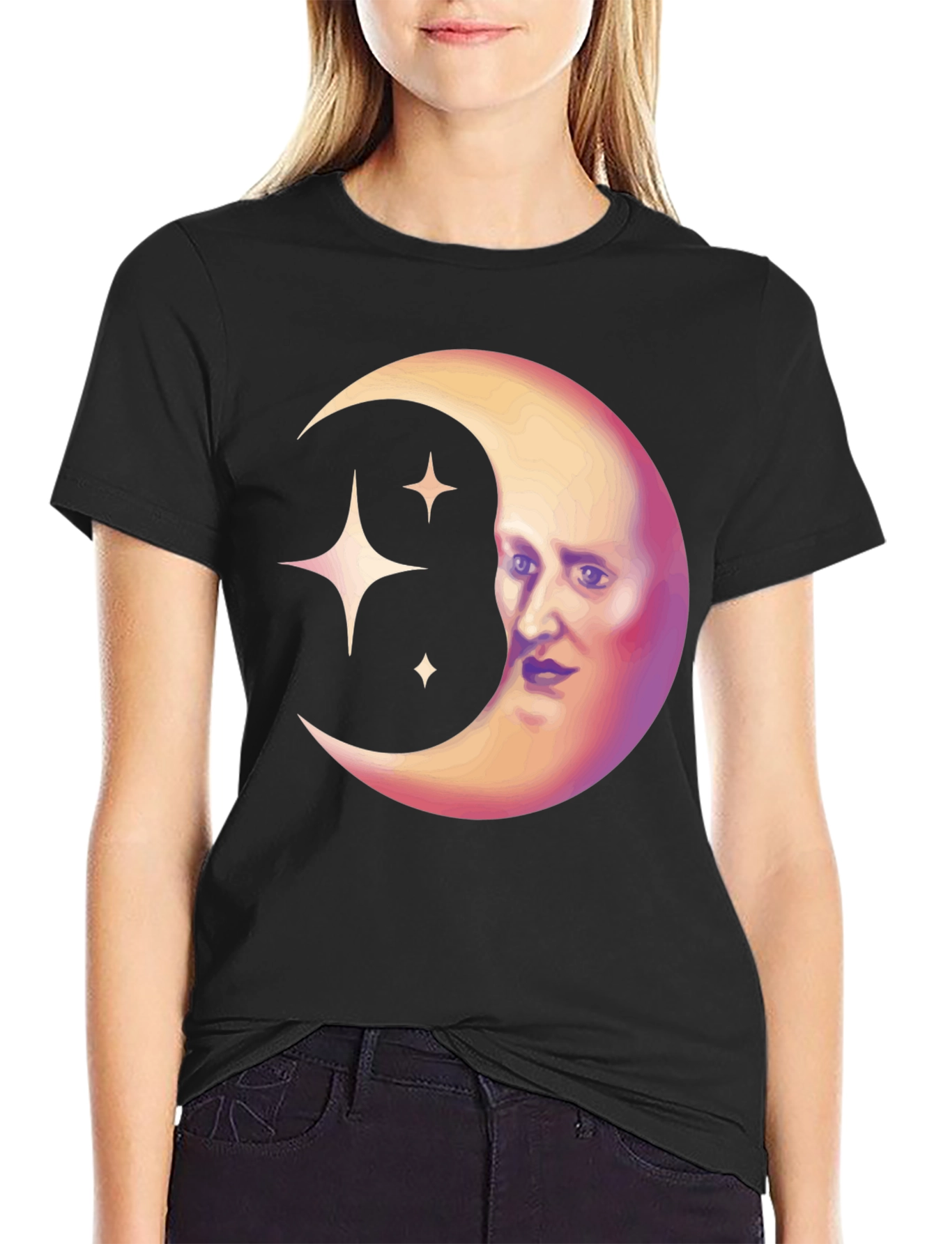 Celestial Moon Face Graphic Tee - Unique Design