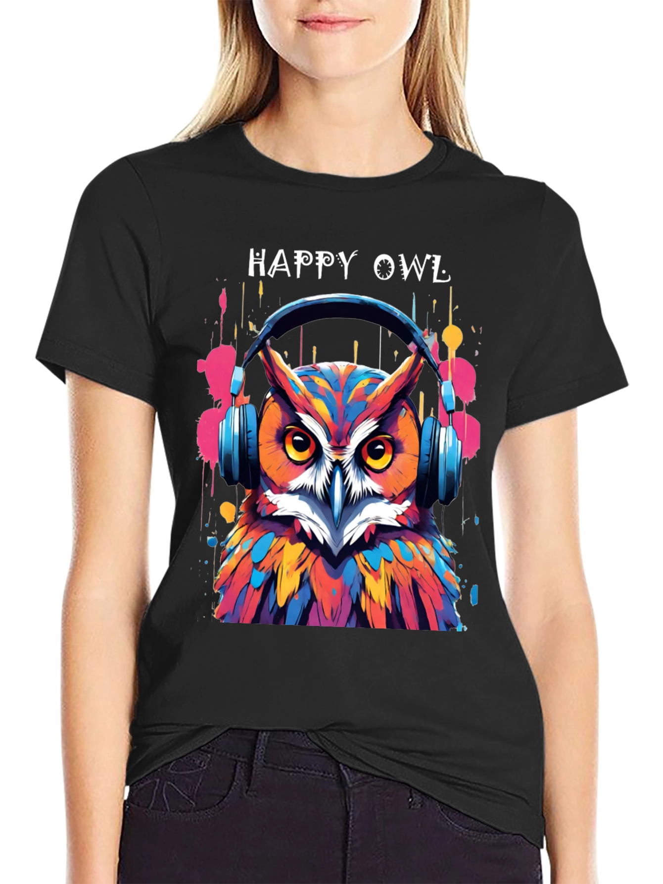 Happy Owl Graphic Tee - Cool Headphone Design!