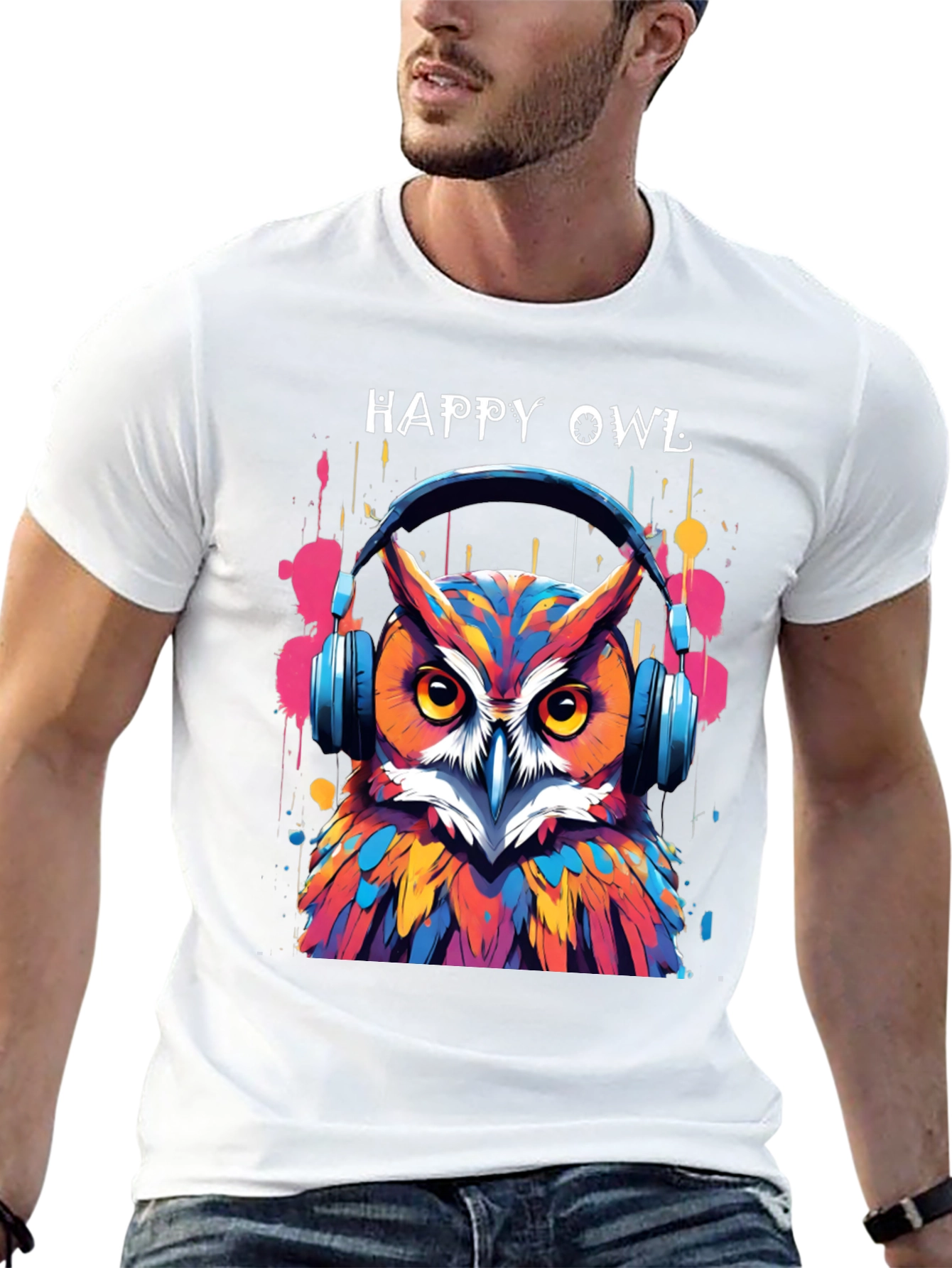 Happy Owl Graphic Tee - Cool Headphone Design!