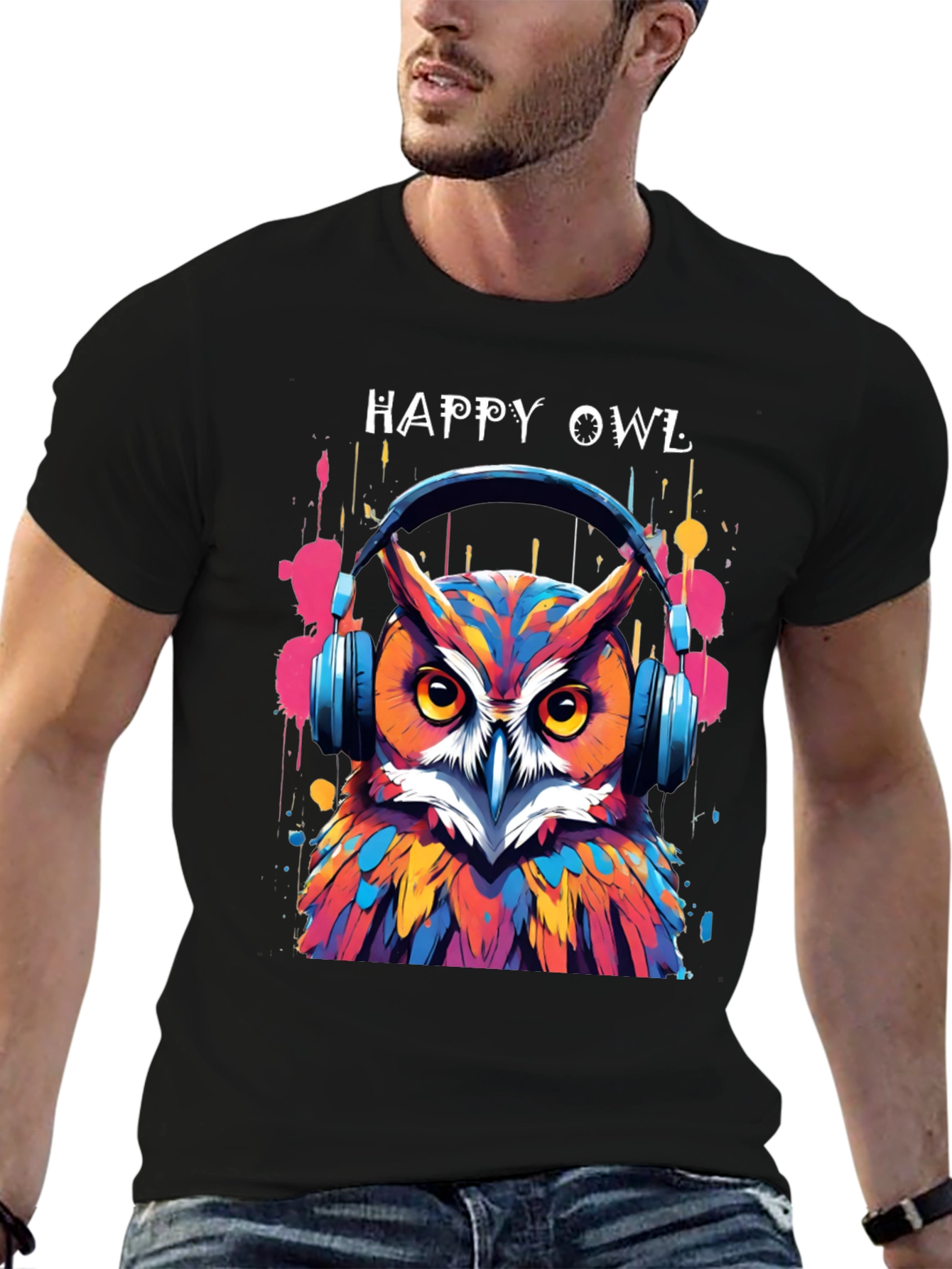 Happy Owl Graphic Tee - Cool Headphone Design!