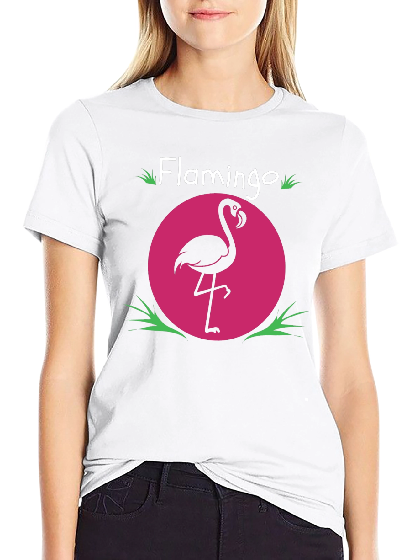 Flamingo Graphic Tee - Pink Circle Design Black T-Shirt
