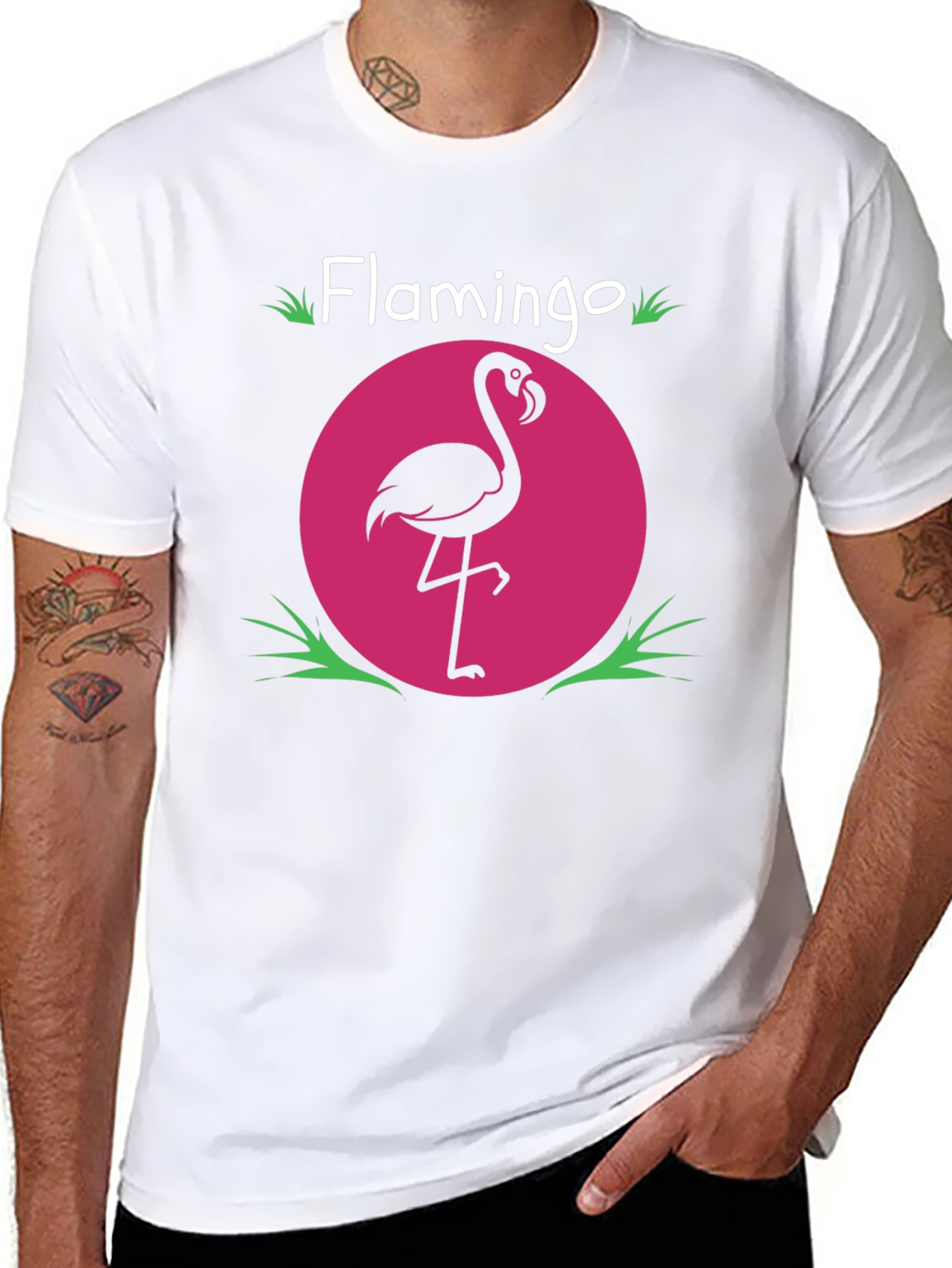Flamingo Graphic Tee - Pink Circle Design Black T-Shirt