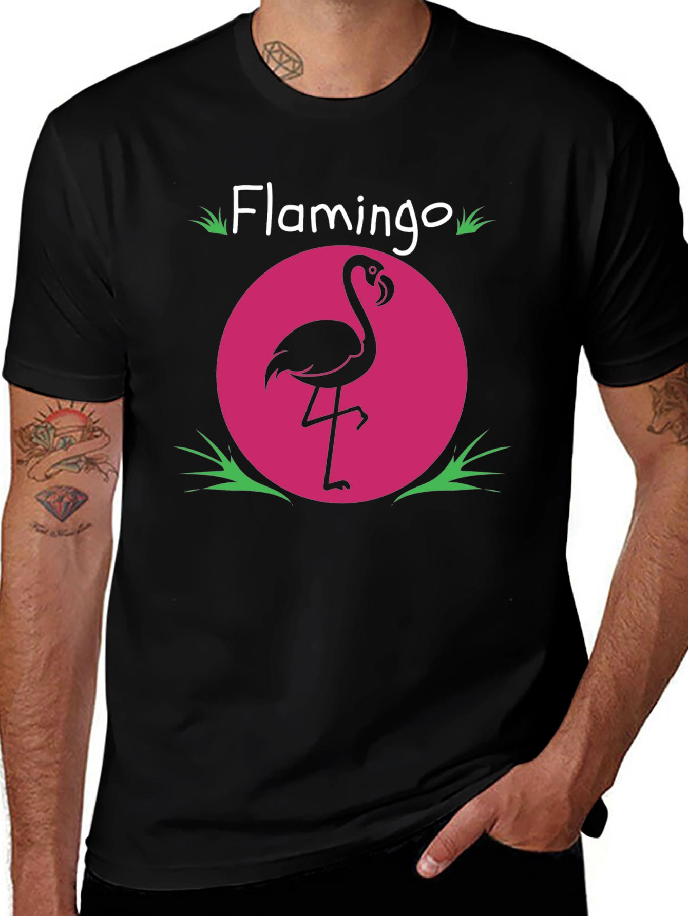 Flamingo Graphic Tee - Pink Circle Design Black T-Shirt