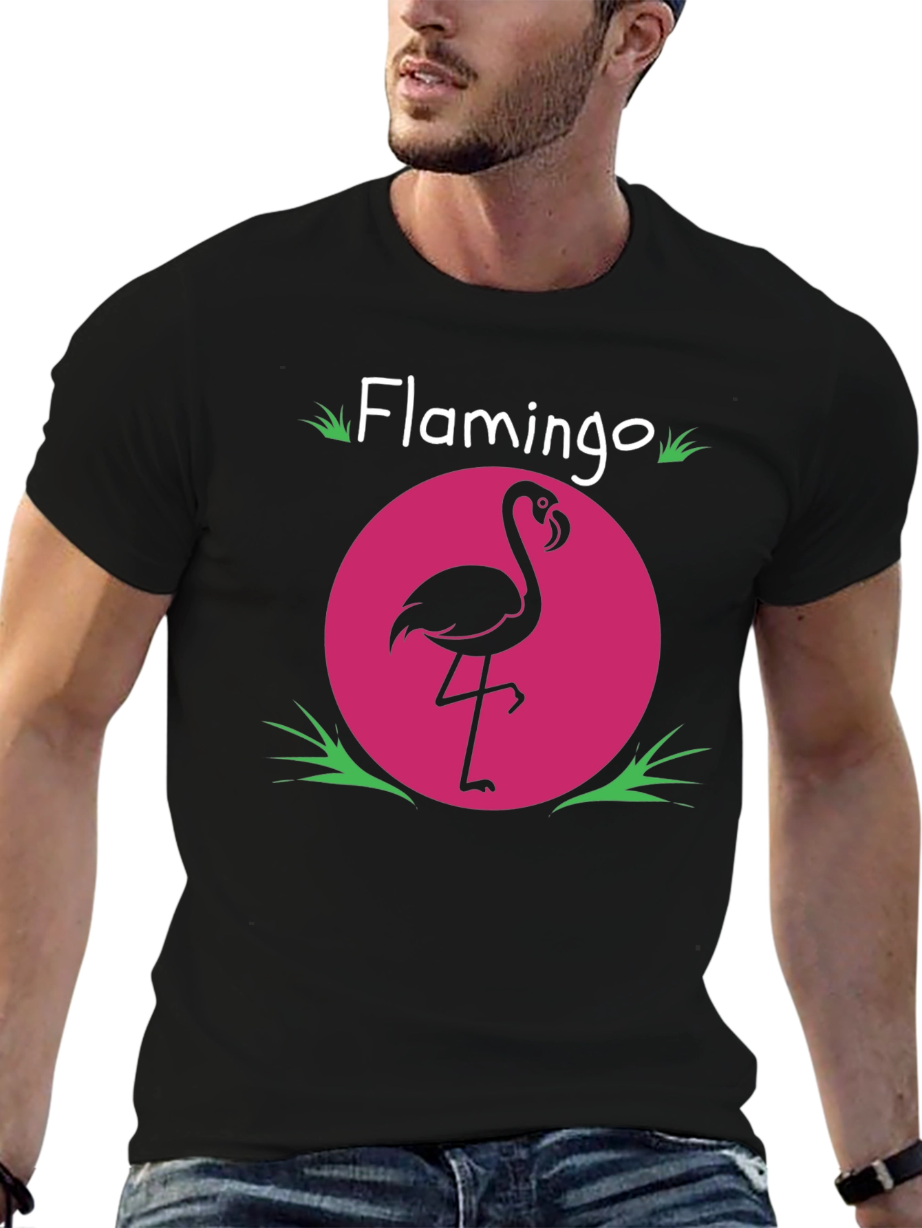 Flamingo Graphic Tee - Pink Circle Design Black T-Shirt