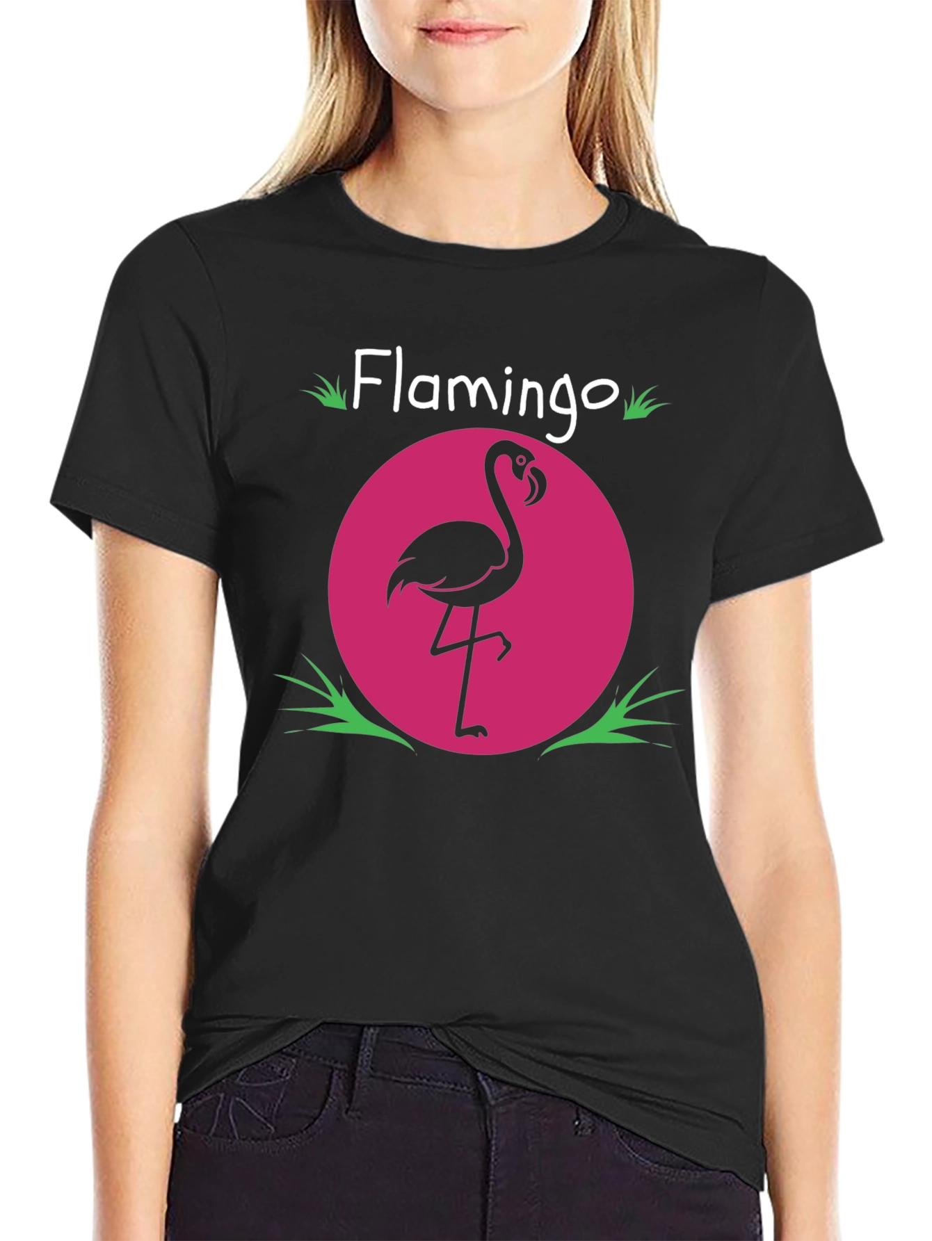 Flamingo Graphic Tee - Pink Circle Design Black T-Shirt