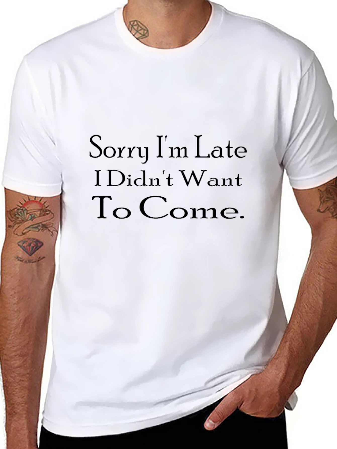 Humorous Black T-Shirt: Sorry Im Late