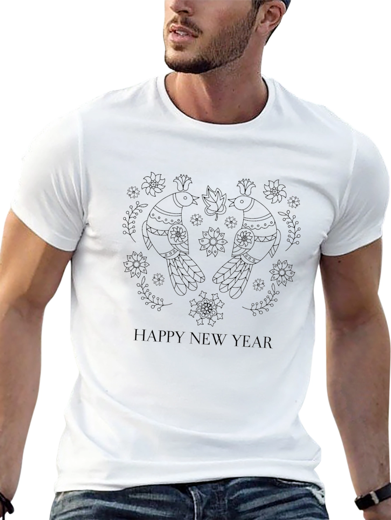 Festive Birds New Year T-Shirt - Black