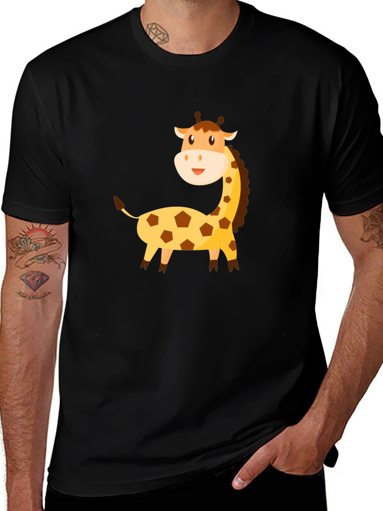 Cartoon Giraffe Graphic Tee - Black Cotton T-Shirt