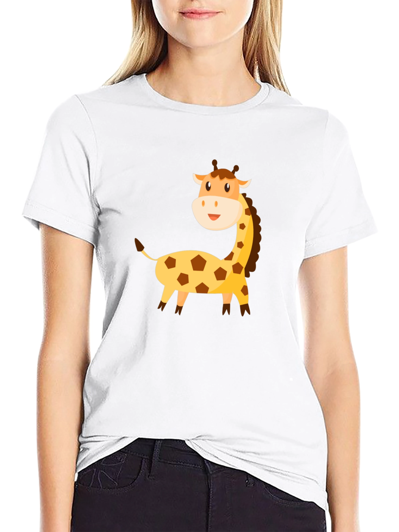Cartoon Giraffe Graphic Tee - Black Cotton T-Shirt