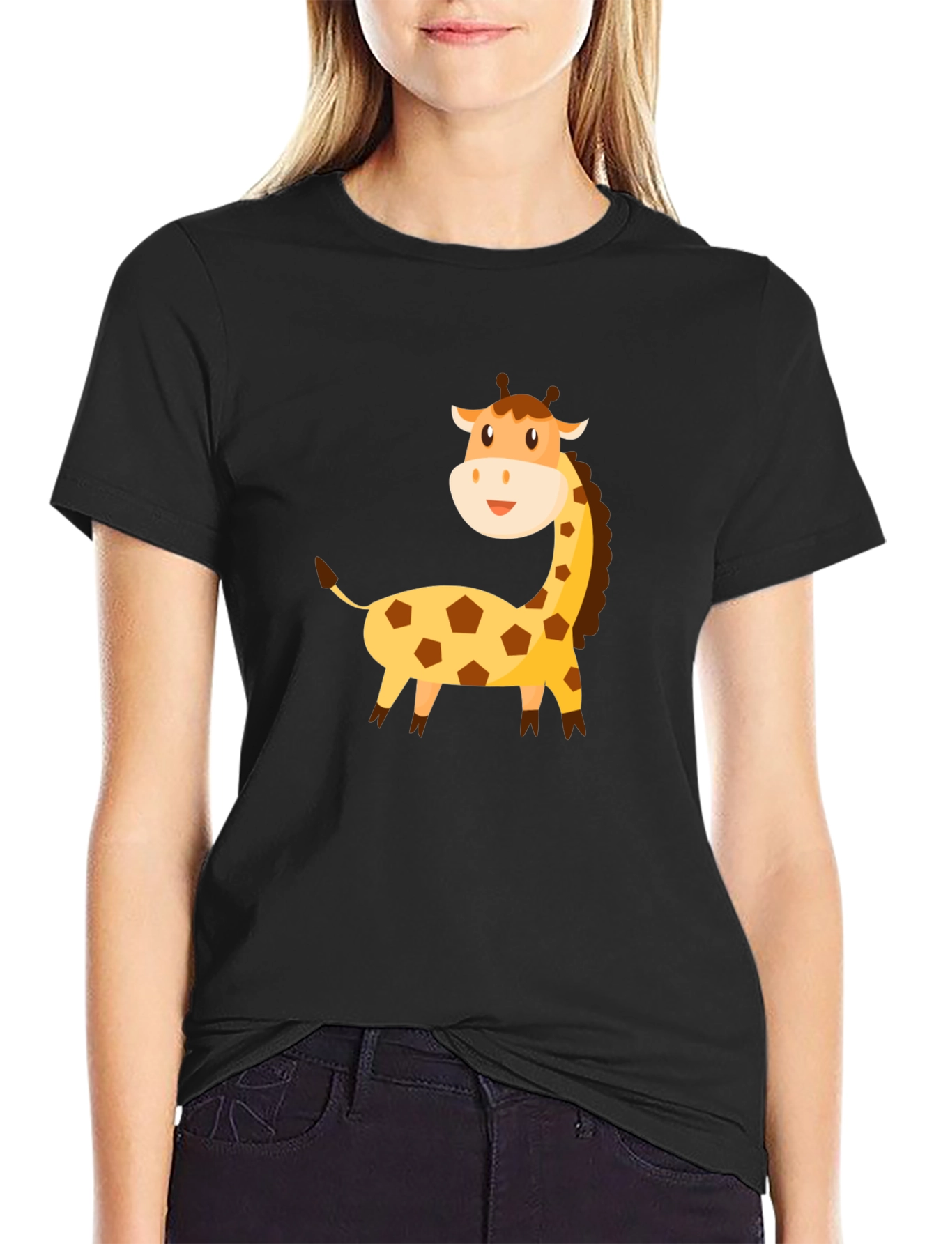 Cartoon Giraffe Graphic Tee - Black Cotton T-Shirt