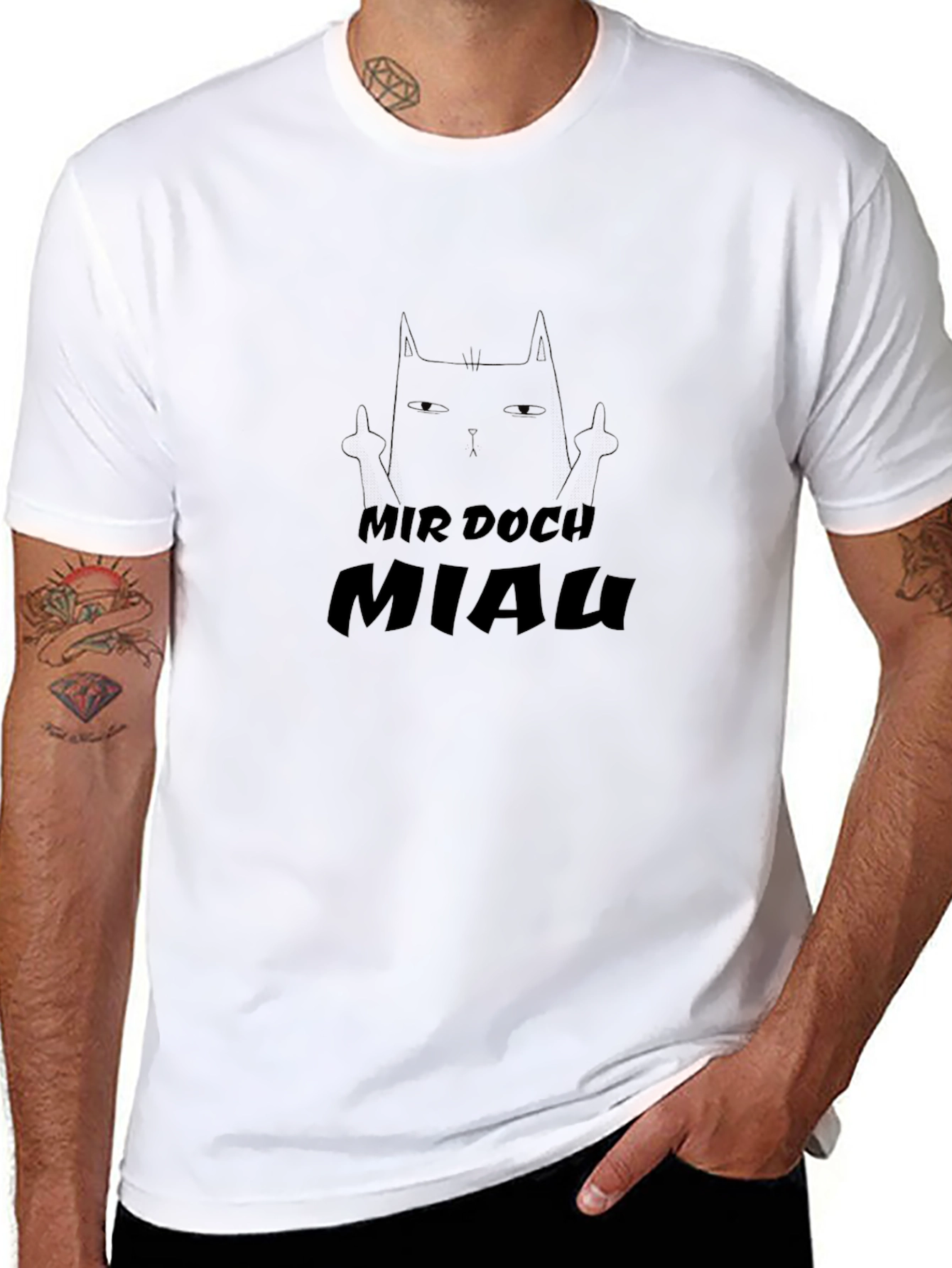 Black T-Shirt with Mir Doch Miau Cat Design