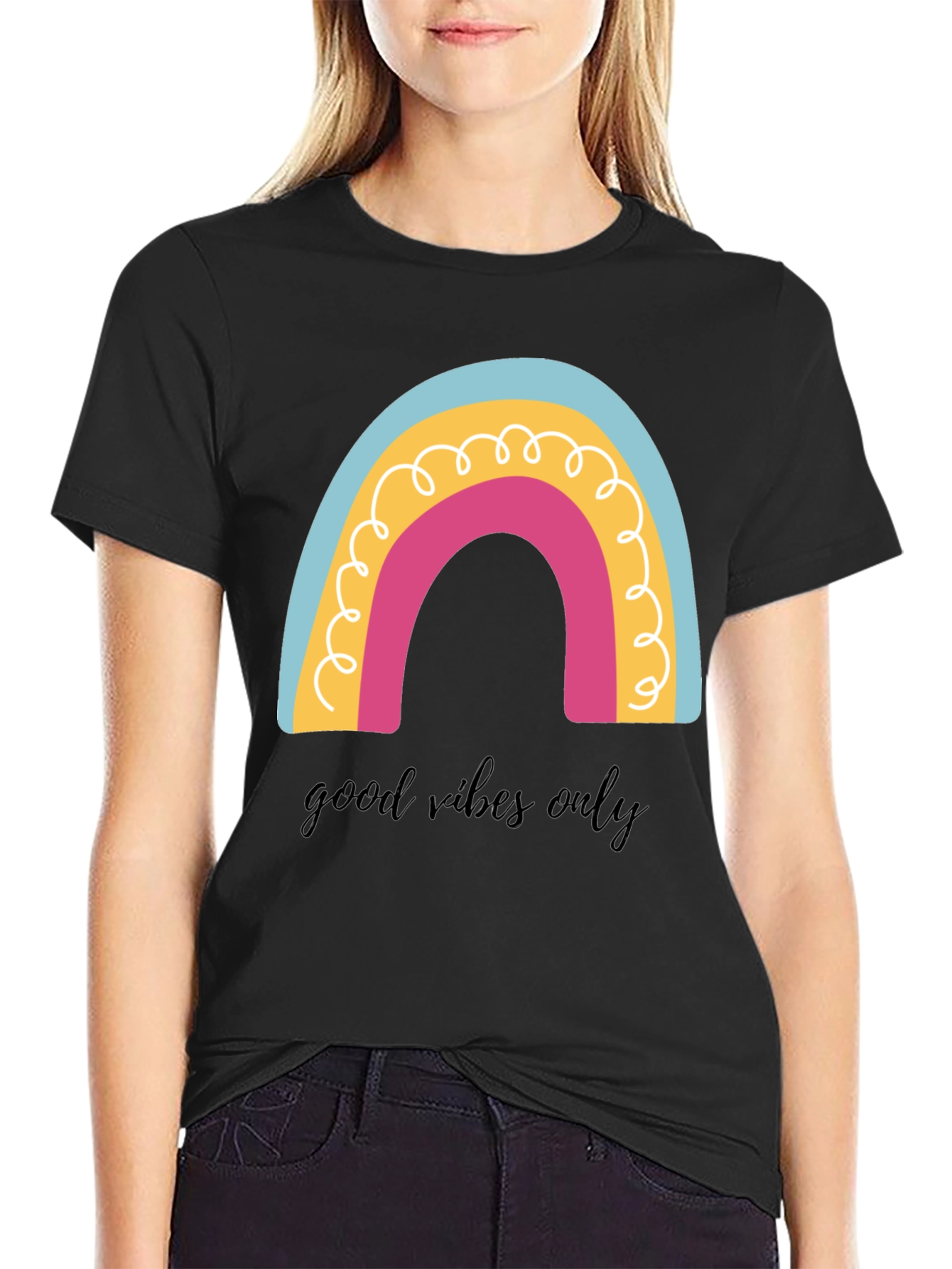 Good Vibes Only Rainbow Graphic Tee - Black Cotton