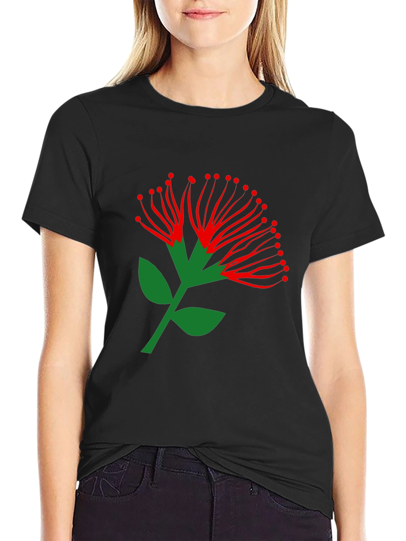 Pohutukawa Flower Graphic Tee - Black Cotton T-Shirt
