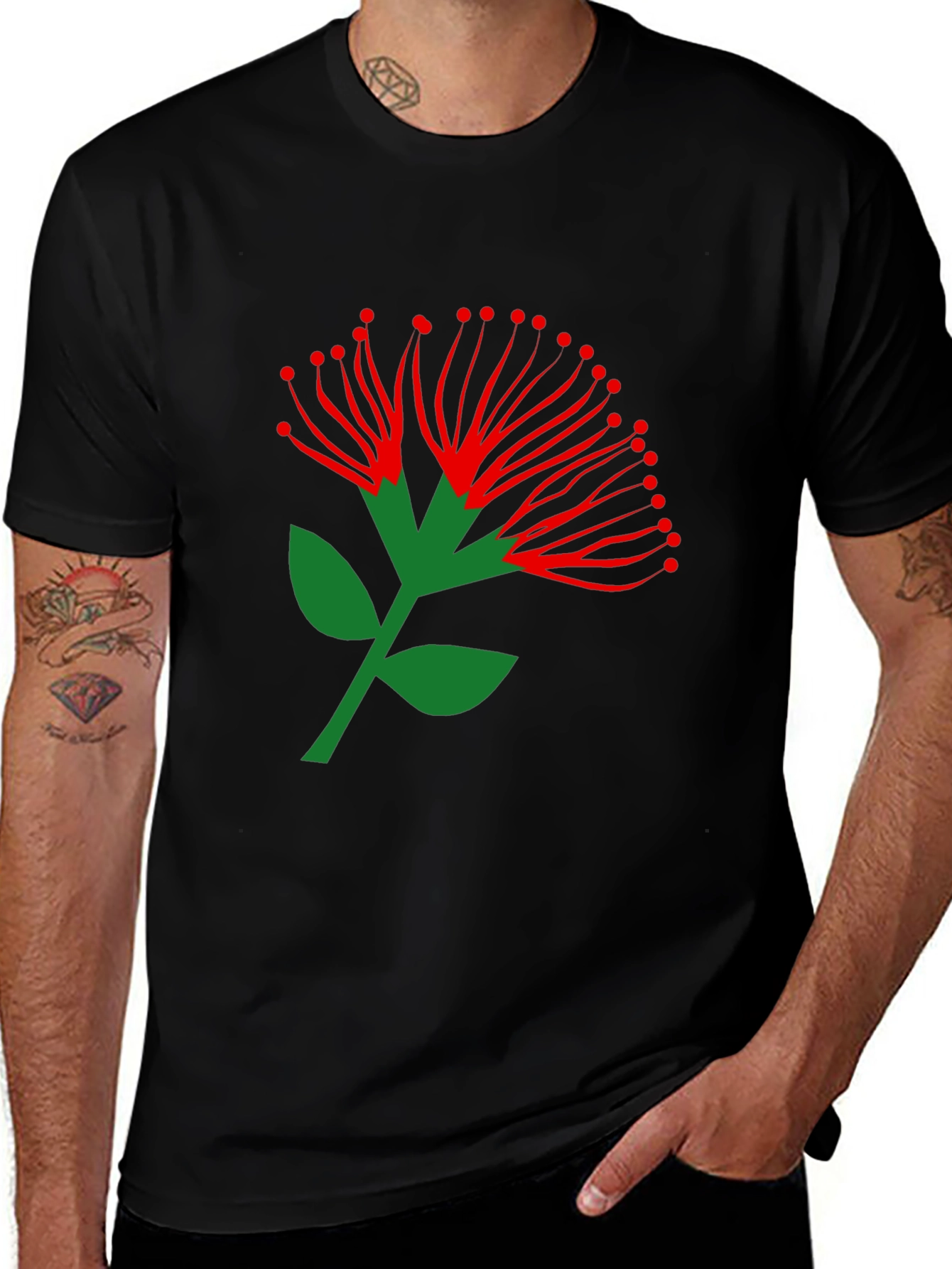 Pohutukawa Flower Graphic Tee - Black Cotton T-Shirt