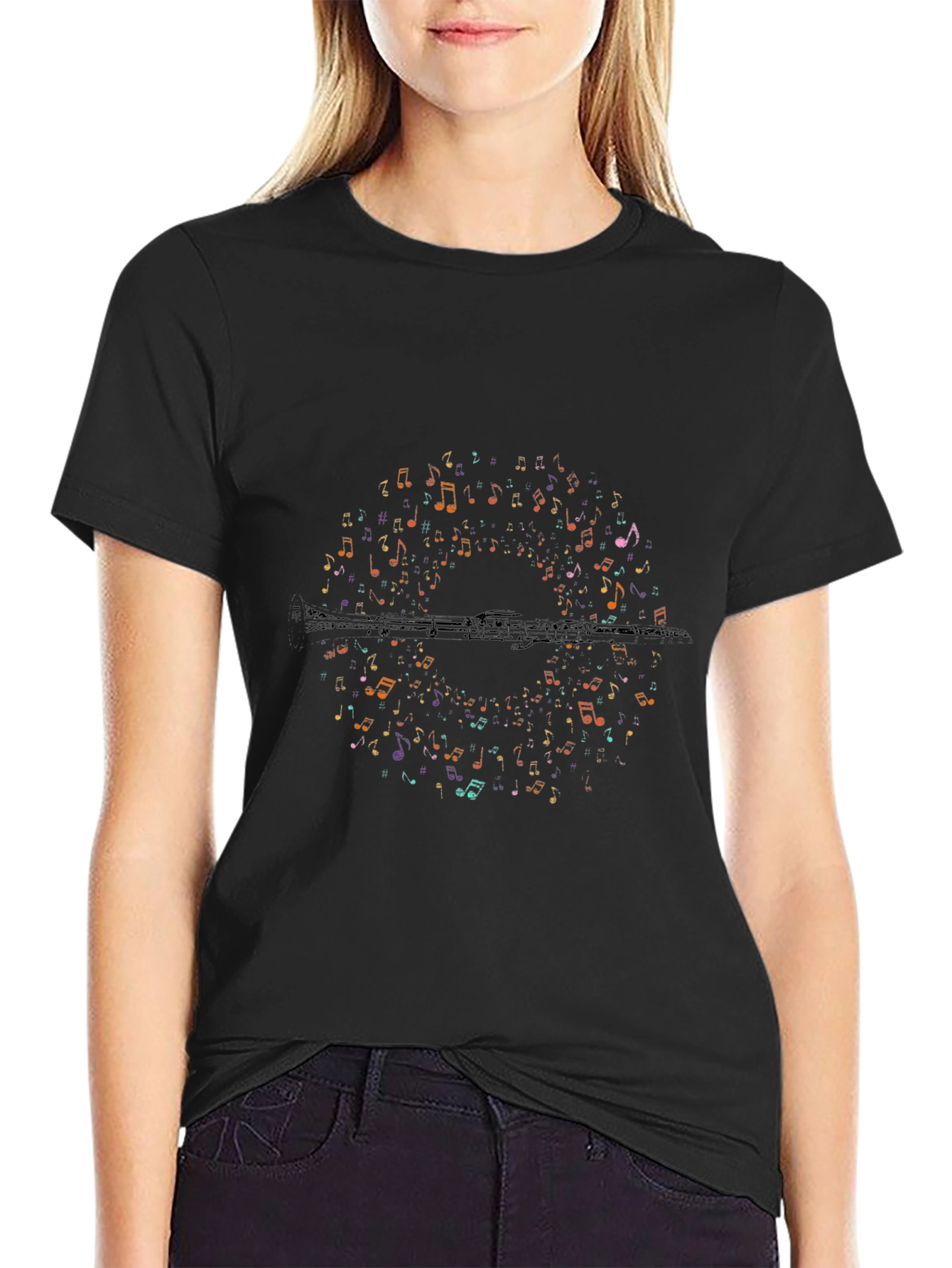 Music Notes Flute Graphic T-Shirt - Unisex Black Tee