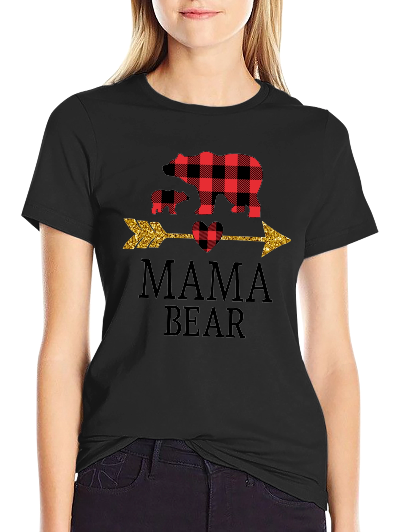 Mama Bear Graphic Tee - Cute Plaid Bear Design