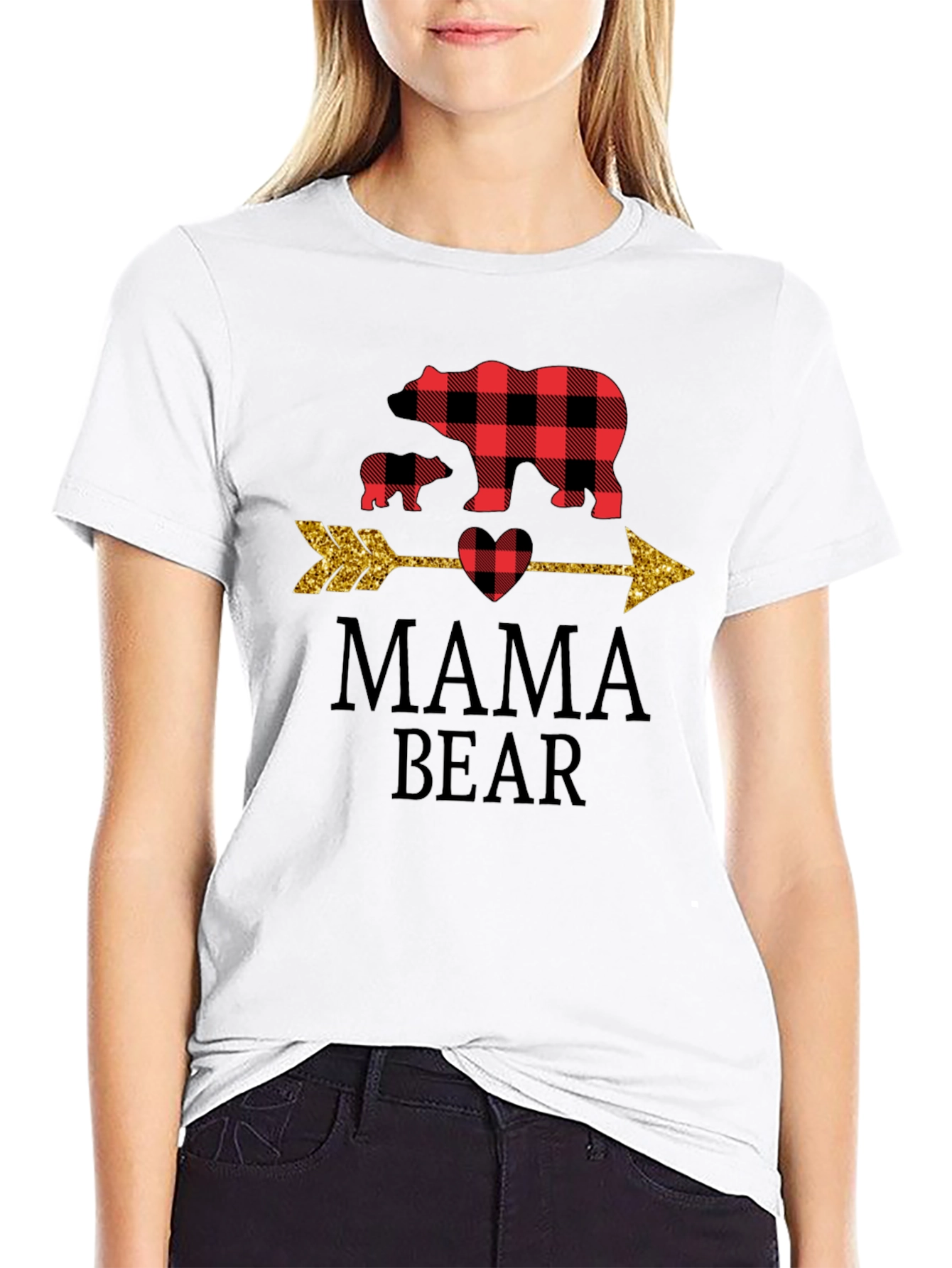 Mama Bear Graphic Tee - Cute Plaid Bear Design