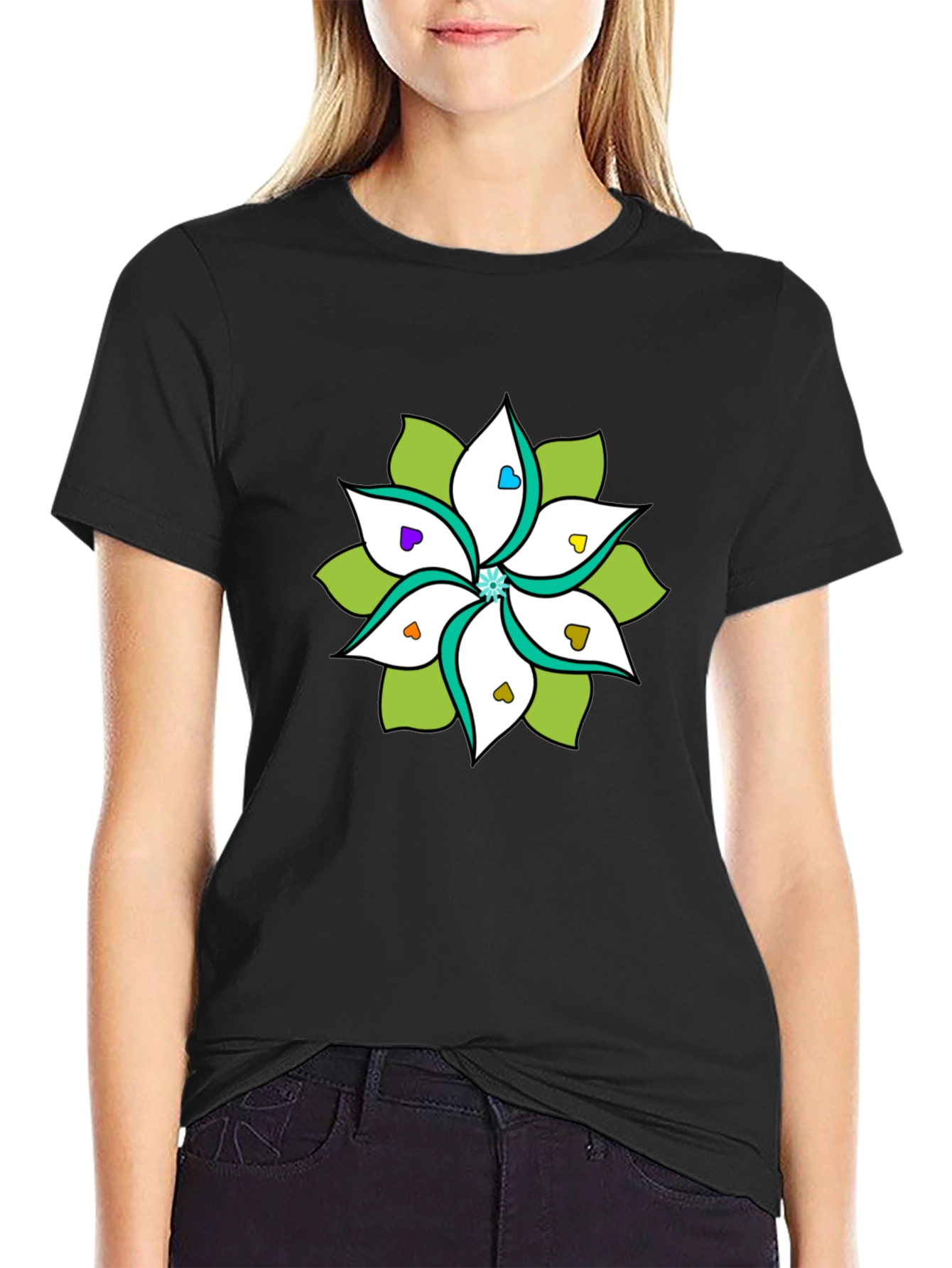 Floral Heart Petal Black T-Shirt