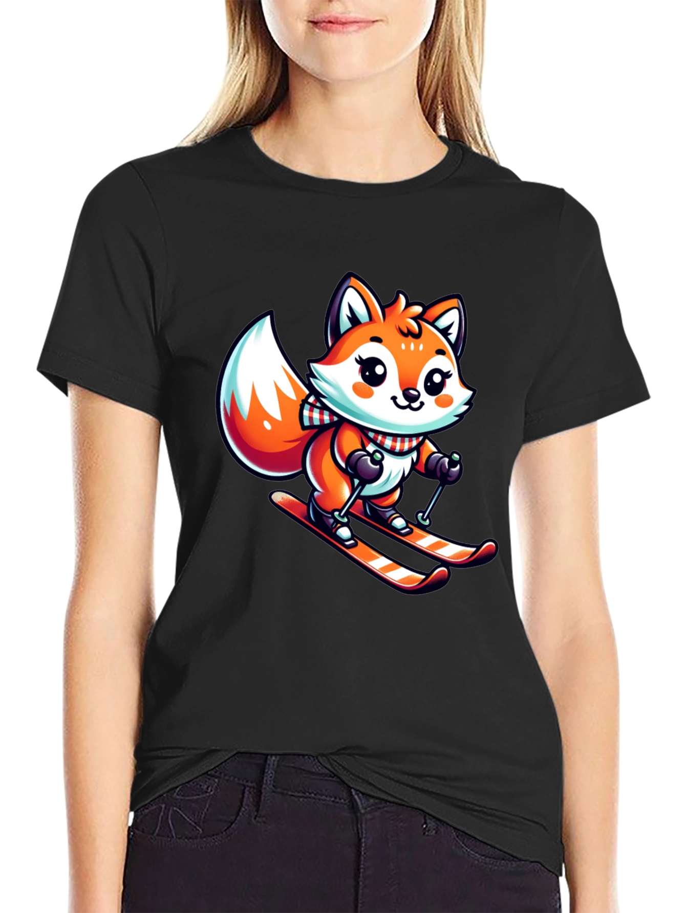 Cartoon Fox Skiing Graphic Tee - Cute Winter Design