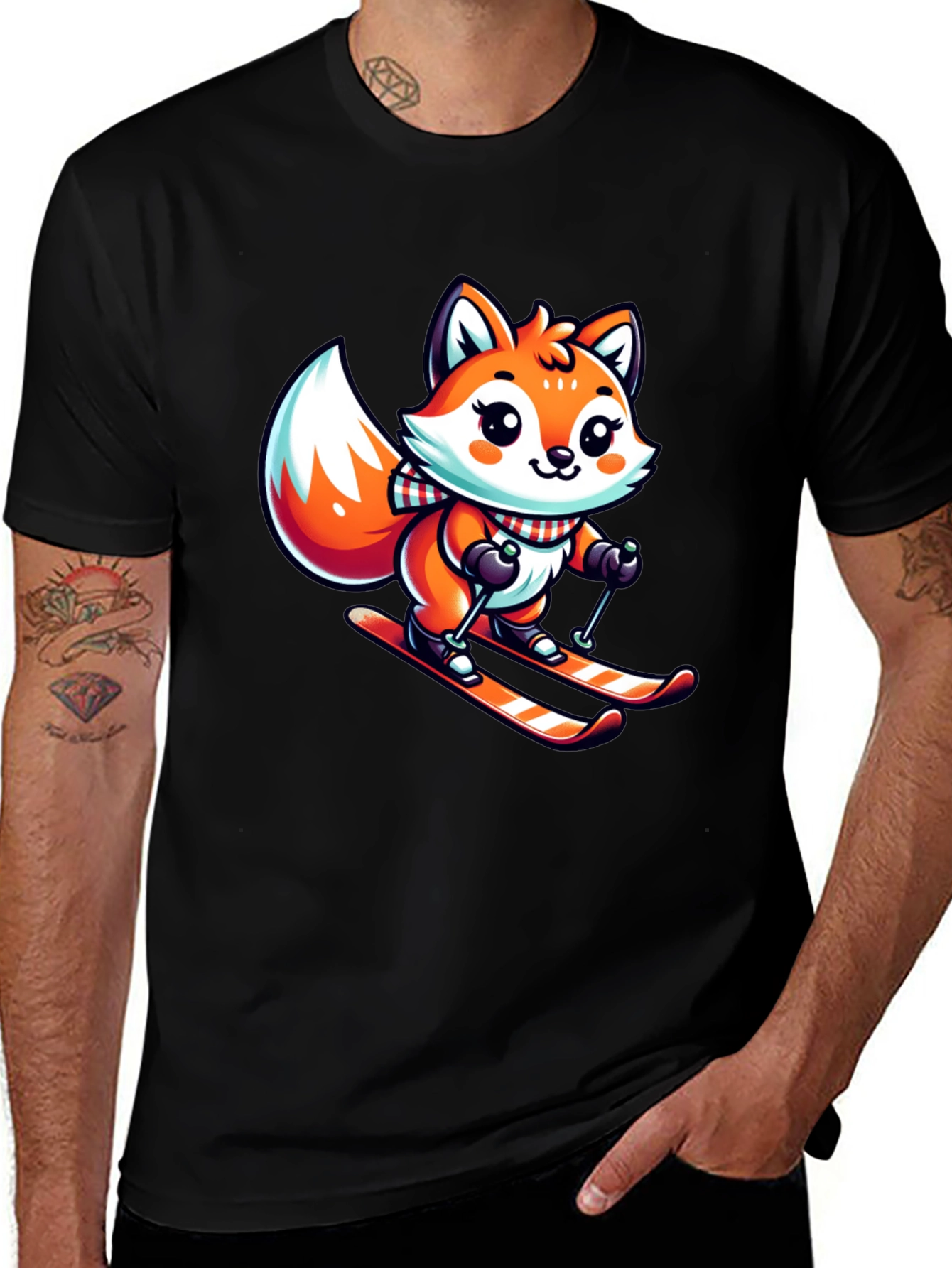 Cartoon Fox Skiing Graphic Tee - Cute Winter Design