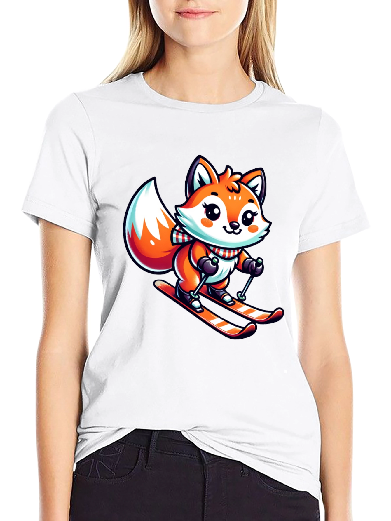 Cartoon Fox Skiing Graphic Tee - Cute Winter Design