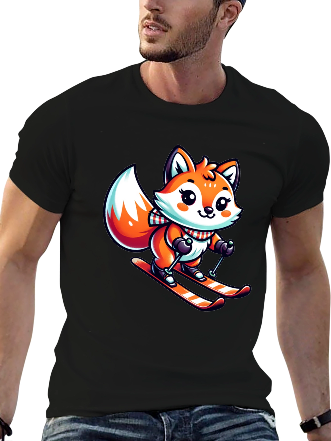 Cartoon Fox Skiing Graphic Tee - Cute Winter Design