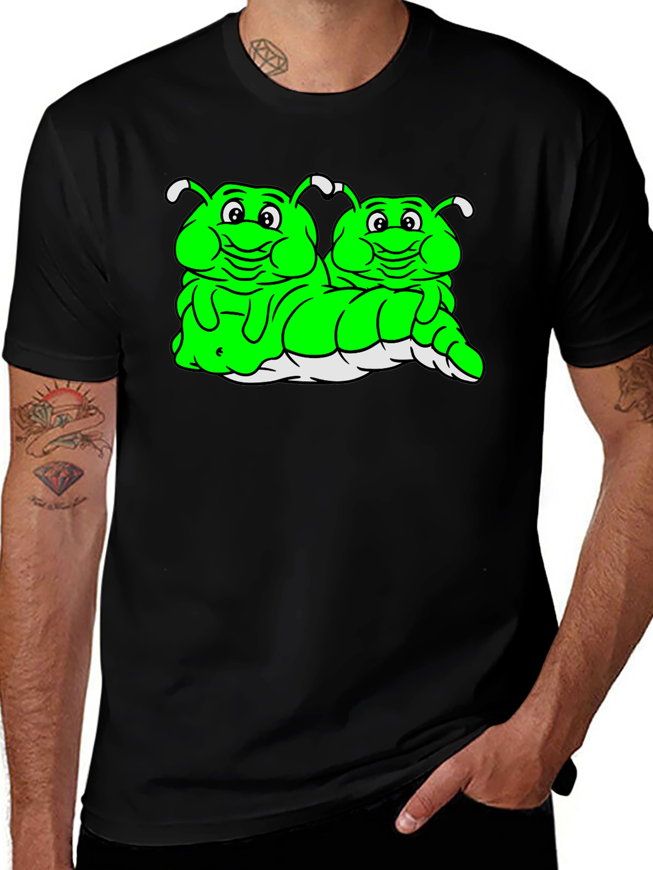 Cartoon Caterpillar Black T-Shirt