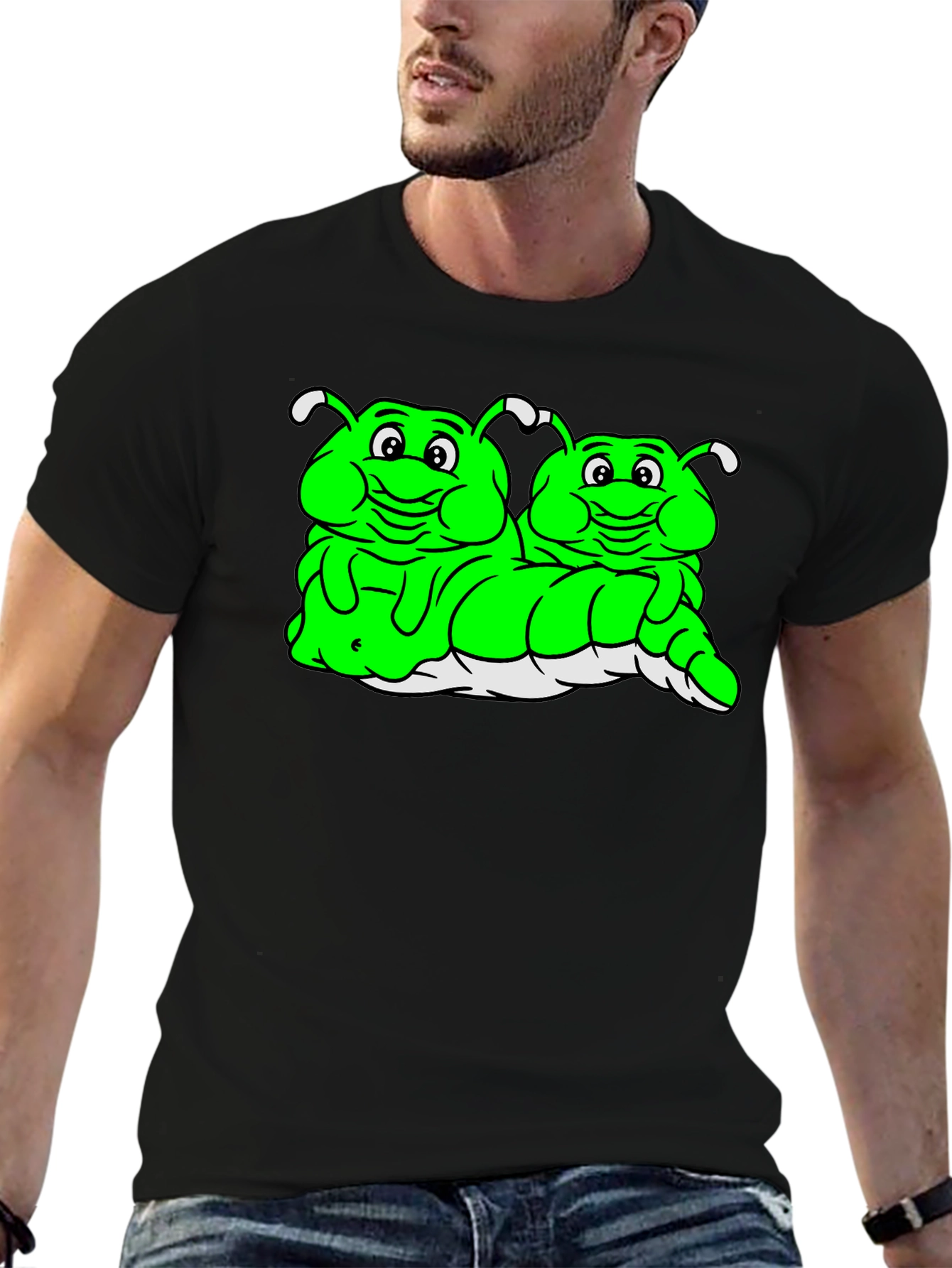 Cartoon Caterpillar Black T-Shirt