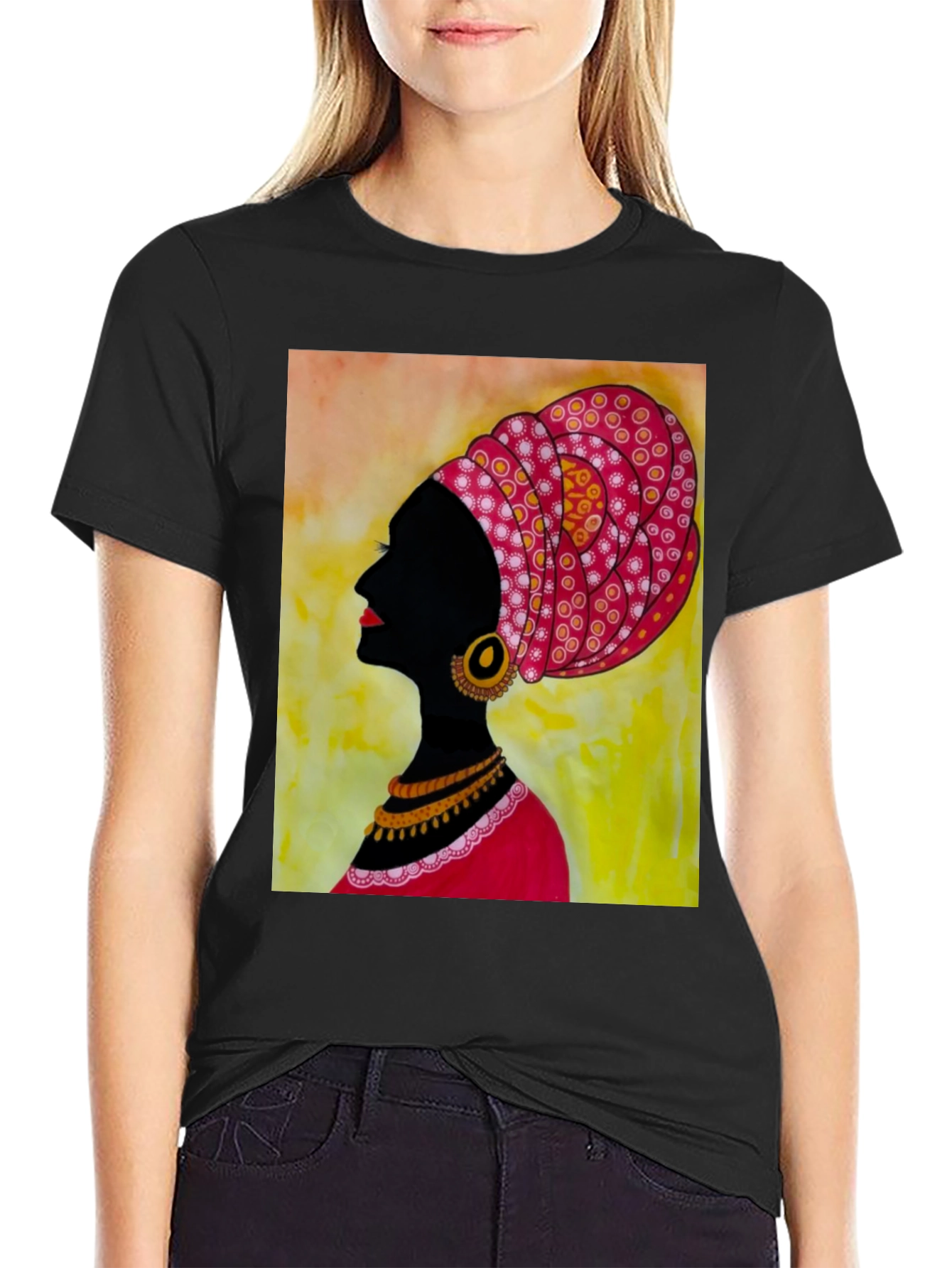 Black T-Shirt with African Woman Art