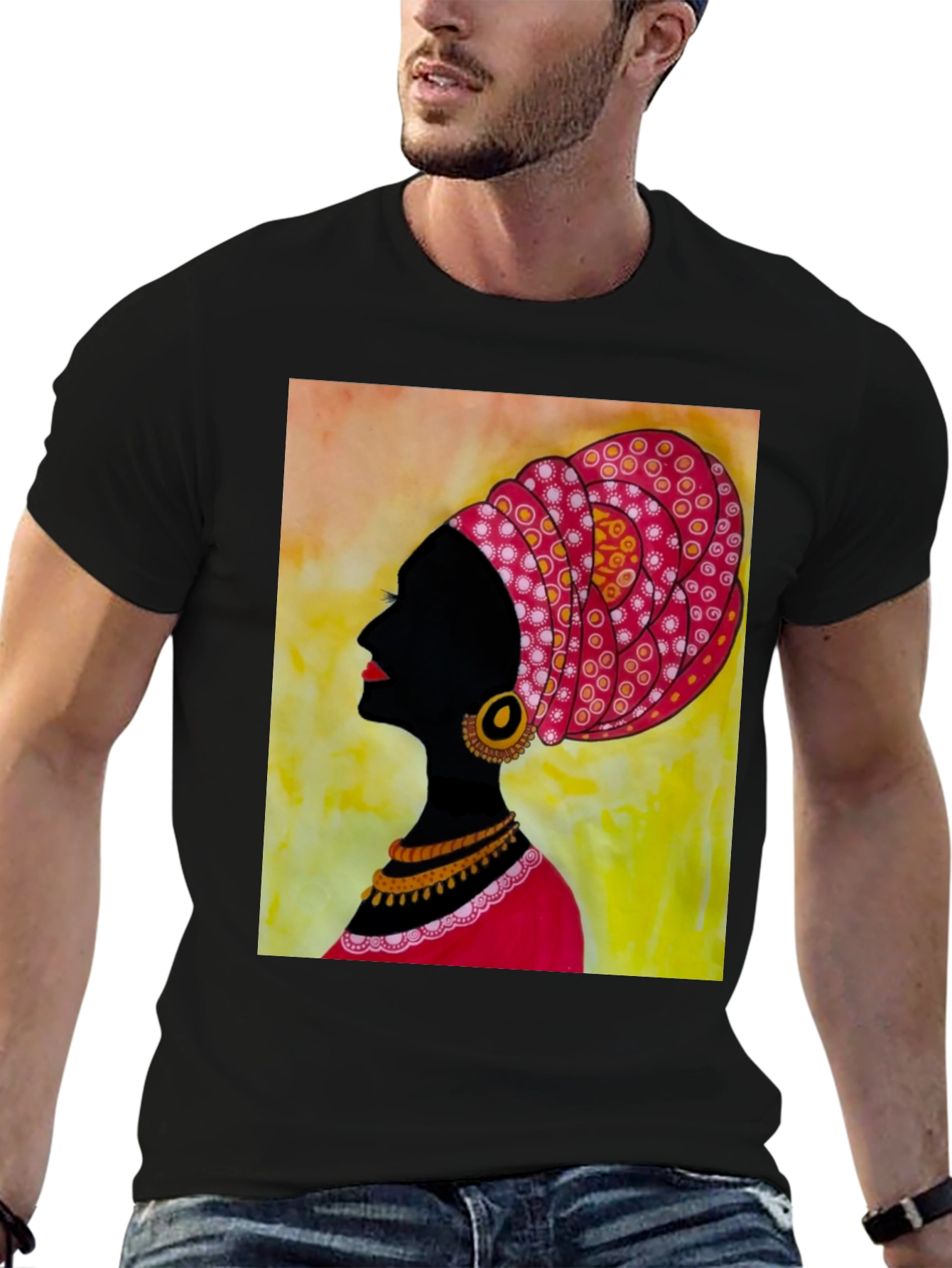 Black T-Shirt with African Woman Art