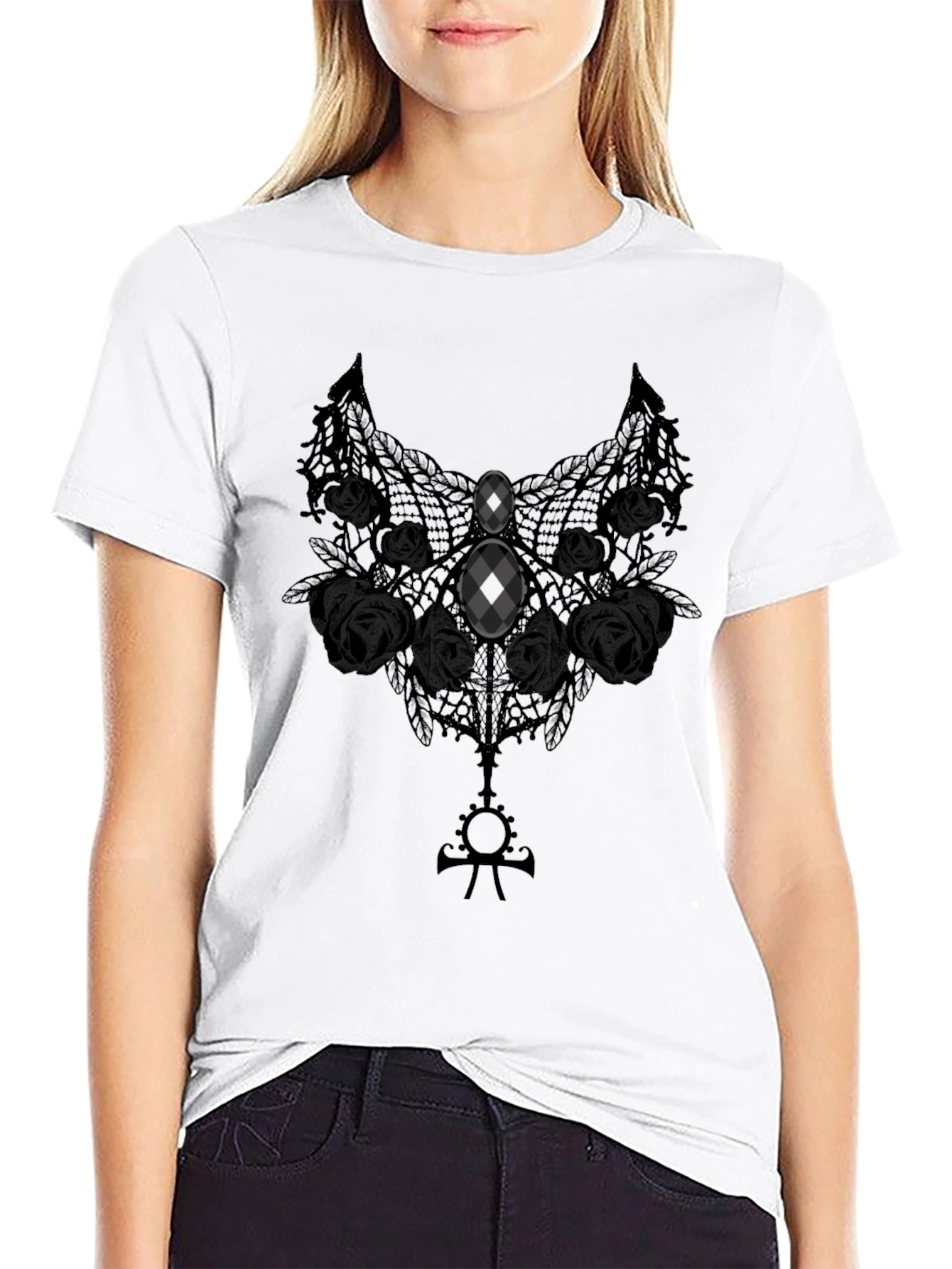 Gothic Lace Rose Graphic Tee - Dark Elegance