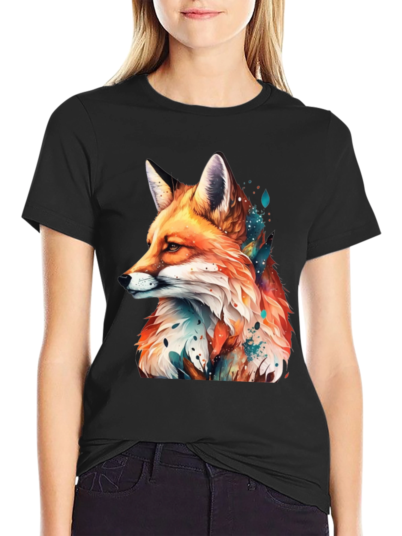 Fox Graphic Black Tee - Artistic Animal Print
