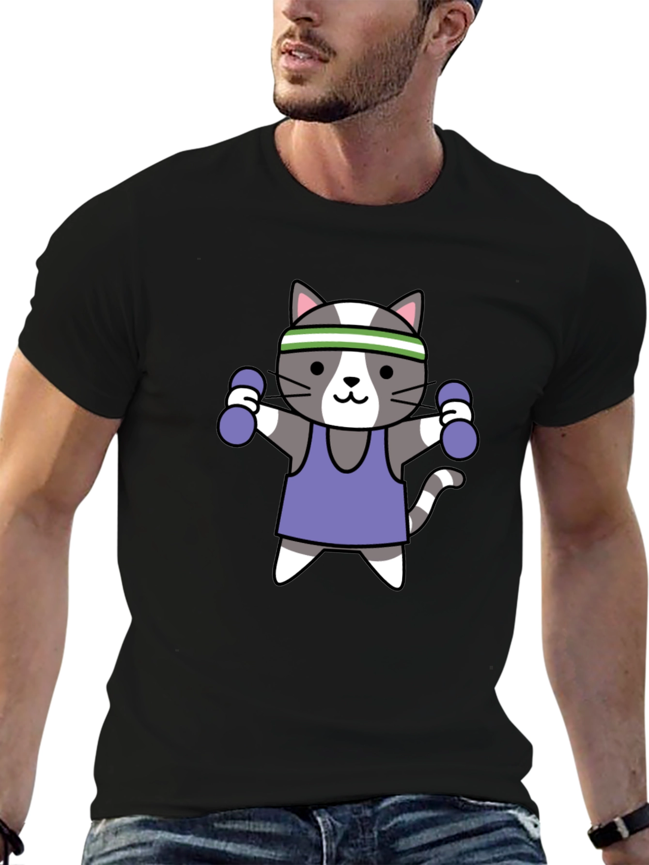 Workout Cat Graphic T-Shirt - Black Cotton Tee